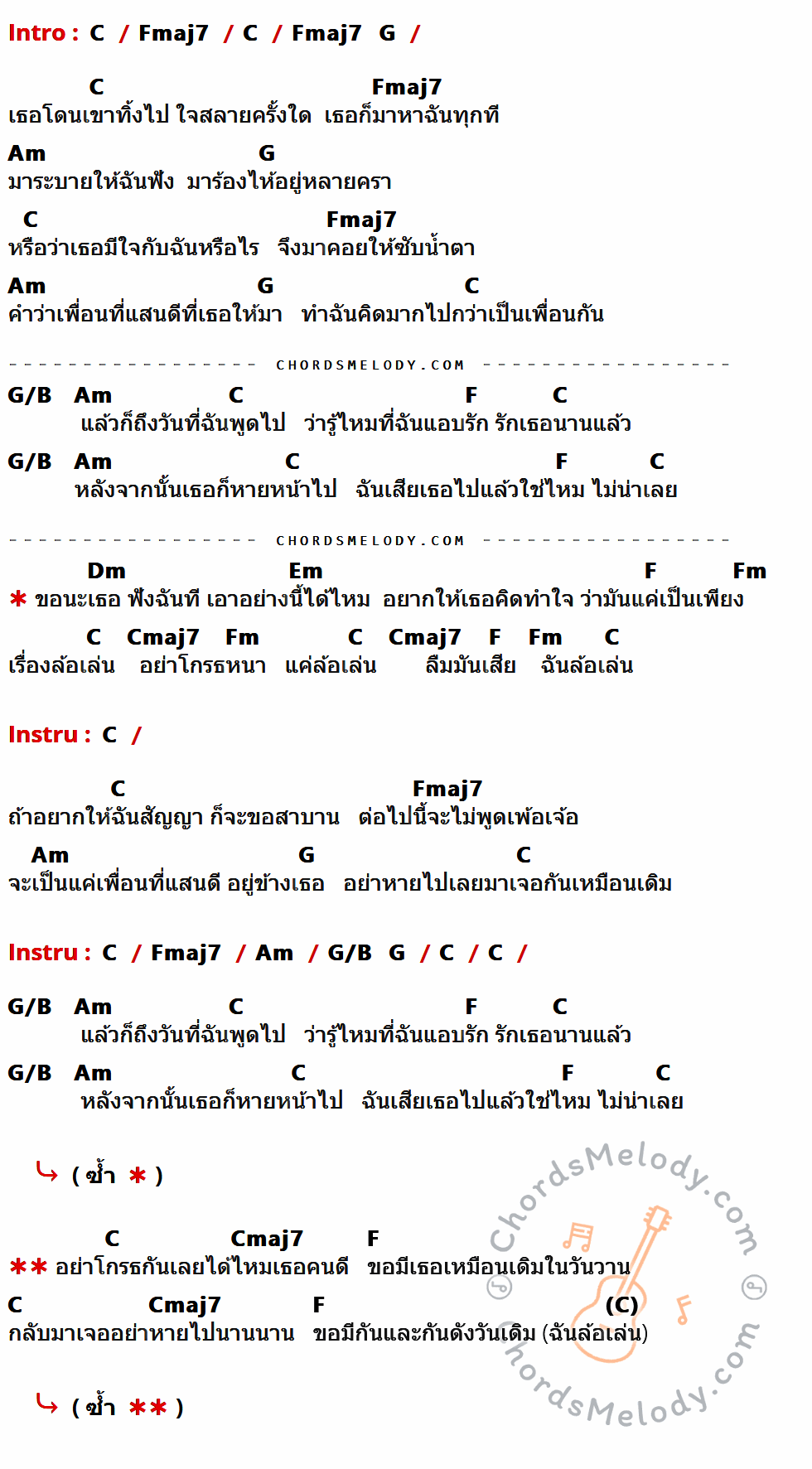 เนื้อเพลง แค่ล้อเล่น ของ ป้าง นครินทร์ กิ่งศักดิ์ ที่มีคอร์ดกีต้าร์ C,Fmaj7,G,Am,G/B,F,Dm,Em,Fm,Cmaj7