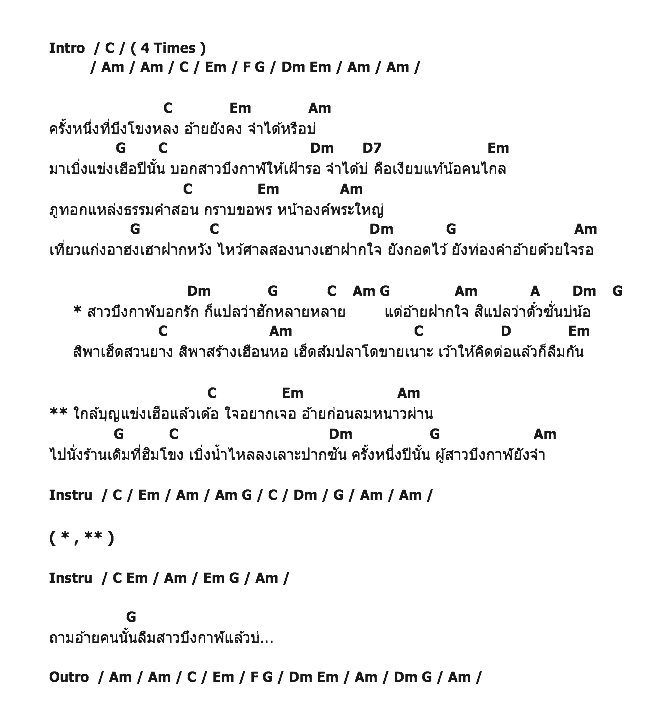คอร์ดเพลง เนื้อเพลง ครั้งหนึ่ง..ที่บึงกาฬ, คอร์ดเพลง ครั้งหนึ่ง..ที่บึงกาฬ ของ ศิริพร อำไพพงษ์, คอร์ดเพลงของ ศิริพร อำไพพงษ์, เนื้อร้อง ครั้งหนึ่ง..ที่บึงกาฬ ศิริพร อำไพพงษ์, ครั้งหนึ่ง..ที่บึงกาฬ คอร์ดง่าย ๆ, คอร์ด ครั้งหนึ่ง..ที่บึงกาฬ ต้นฉบับ