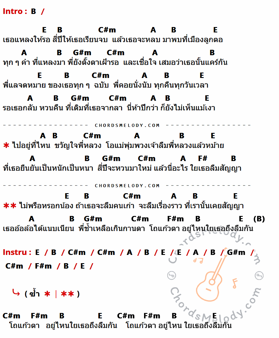 เนื้อเพลง ขวัญใจพี่หลวง ของ มอร์แกน อาร์ สยาม ที่มีคอร์ด ในกลุ่มคีย์ B,E,C#m,A,G#m,F#,F#m ประกอบ