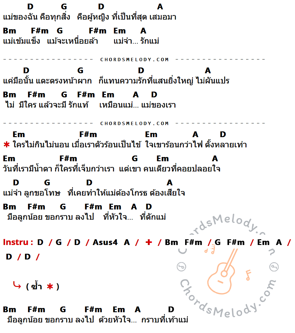 เนื้อเพลง แม่ของเรา ของ พั้นช์ ที่มีคอร์ด ในกลุ่มคีย์ D,G,A,Bm,F#m,Em,Asus4 ประกอบ