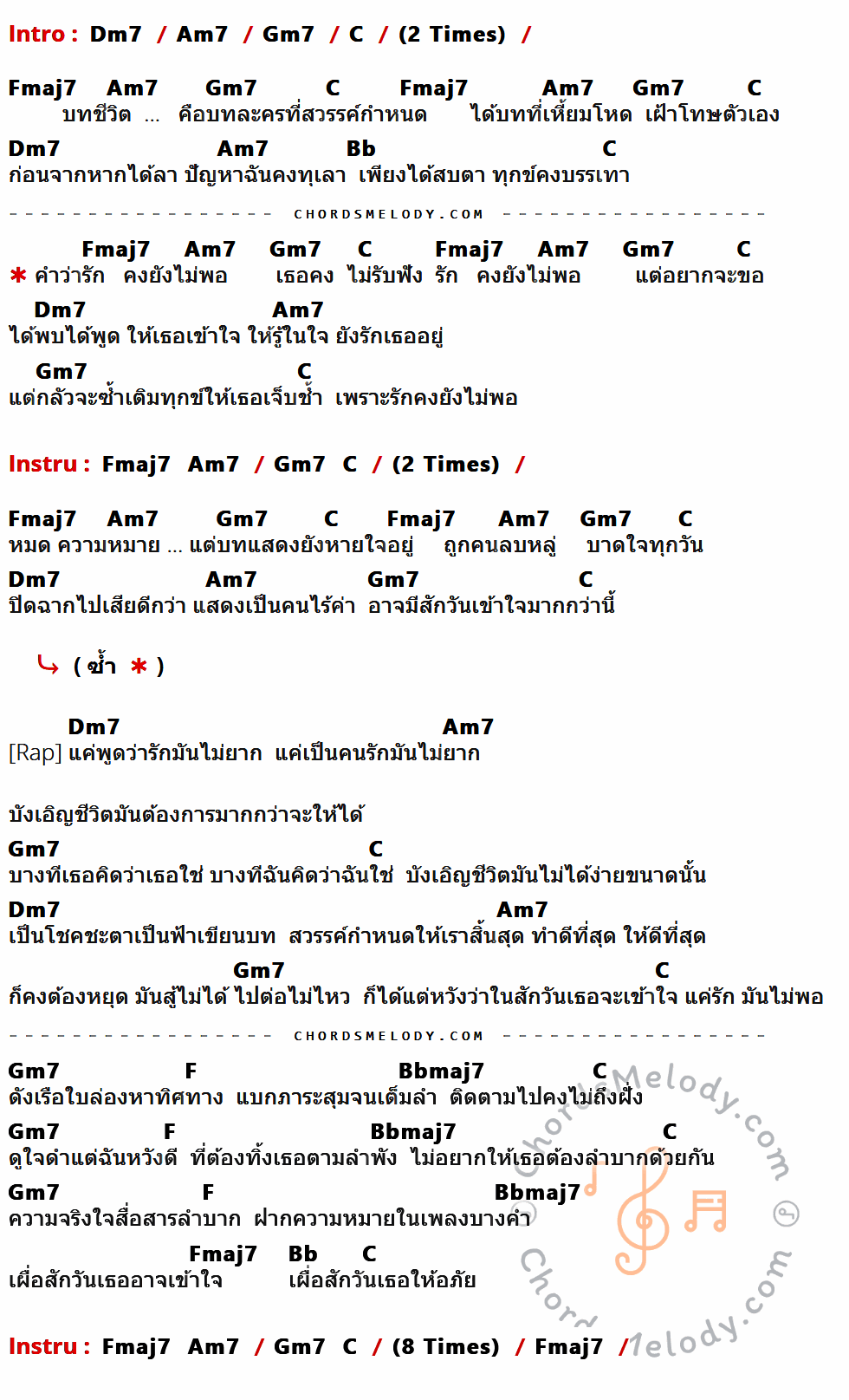 เนื้อเพลง รักคงยังไม่พอ ของ ปาน ธนพร ที่มีคอร์ดกีต้าร์ Dm7,Am7,Gm7,C,Fmaj7,Bb,F,Bbmaj7