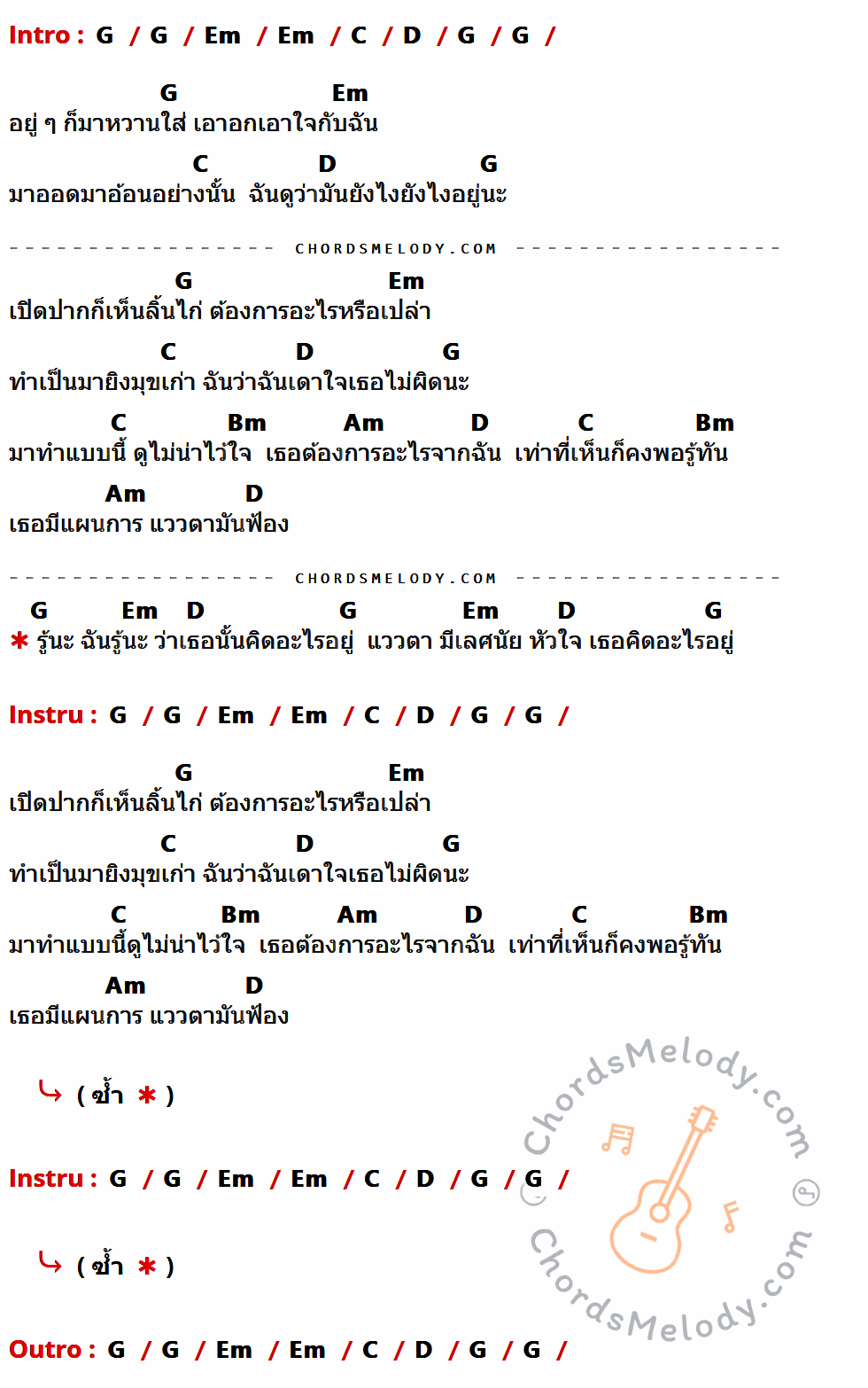 เนื้อเพลง คิดอะไรอยู่ ของ ป้าง นครินทร์ กิ่งศักดิ์ ที่มีคอร์ดกีต้าร์ G,Em,C,D,Bm,Am