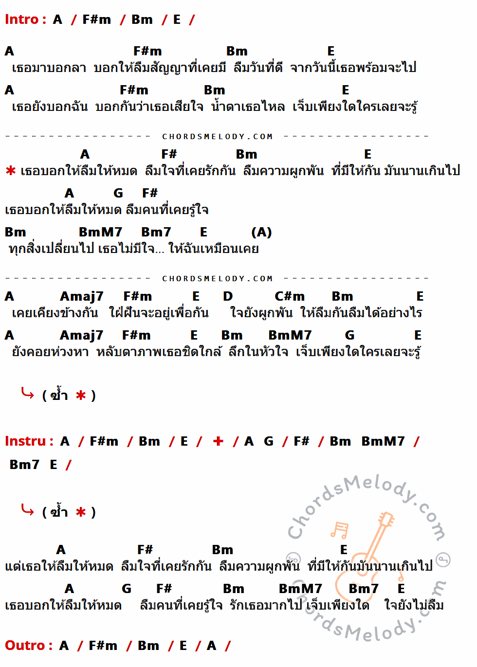 เนื้อเพลง เธอบอกให้ลืม ของ พลพล ที่มีคอร์ด ในกลุ่มคีย์ A,F#m,Bm,E,F#,G,BmM7,Bm7,Amaj7,D,C#m ประกอบ