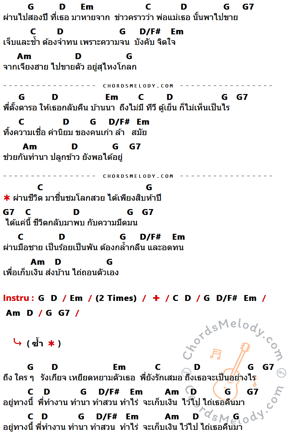 เนื้อเพลง ไถ่เธอคืนมา ของ พงษ์สิทธิ์ คัมภีร์ ที่มีคอร์ดกีต้าร์ G,D,Em,C,G7,D/F#,Am