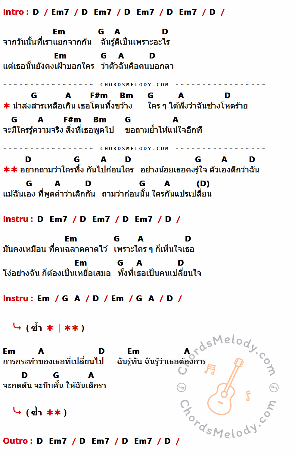 คอร์ดเพลง คนฉลาด - ป้าง นครินทร์ กิ่งศักดิ์ เนื้อร้อง มีคอร์ดกีต้าร์ ในกลุ่มคีย์ D,Em7,Em,G,A,F#m,Bm กำกับ