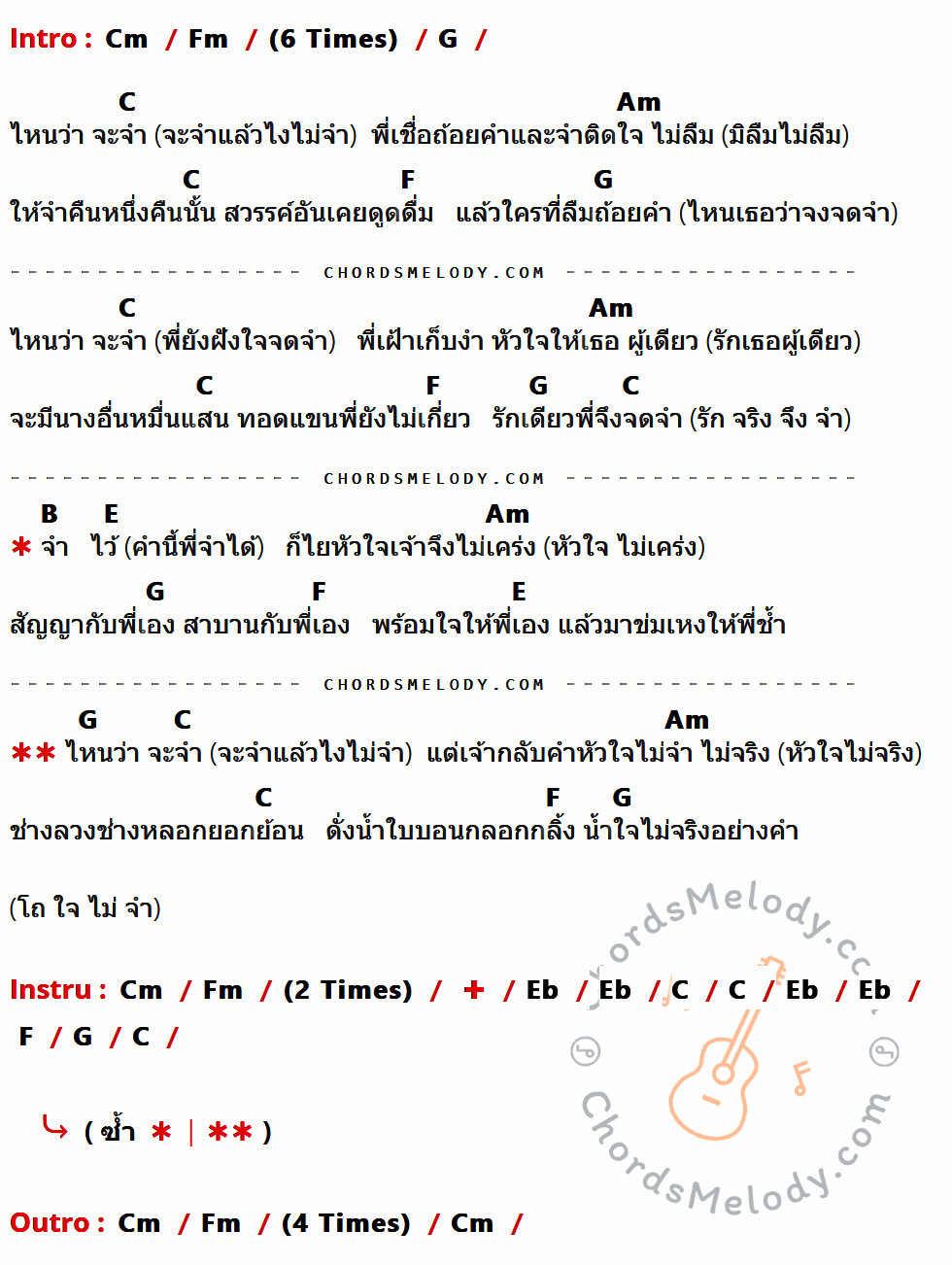 เนื้อเพลง ไหนว่าจะจำ ของ ร็อกอำพัน มีคอร์ดกีต้าร์ ในคีย์ที่ต่างกัน Cm,Fm,G,C,Am,F,B,E,Eb