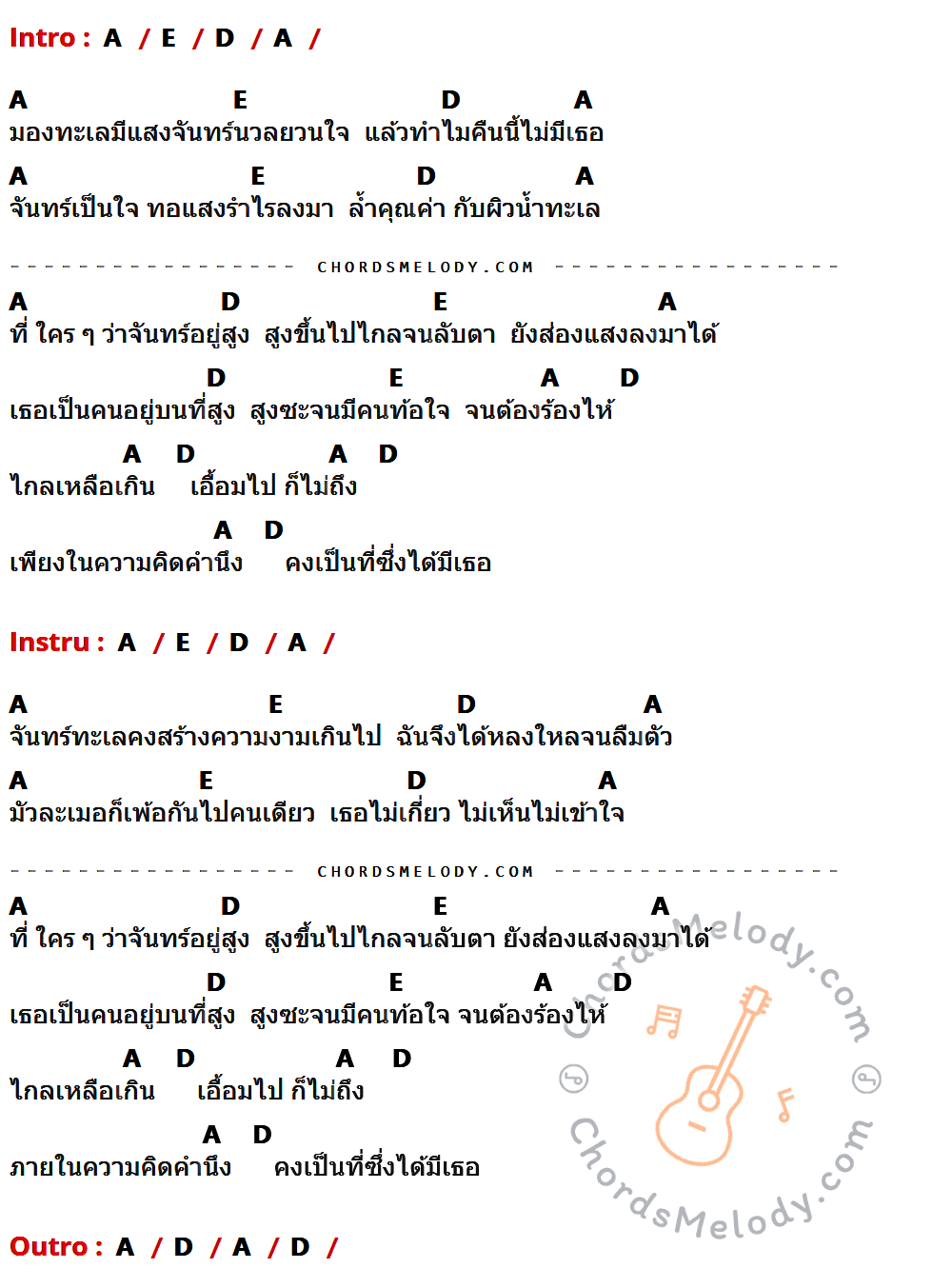 เนื้อเพลง เอื้อมไม่ถึง ของ ป้าง นครินทร์ กิ่งศักดิ์ มีคอร์ดกีต้าร์ ในคีย์ที่ต่างกัน A,E,D