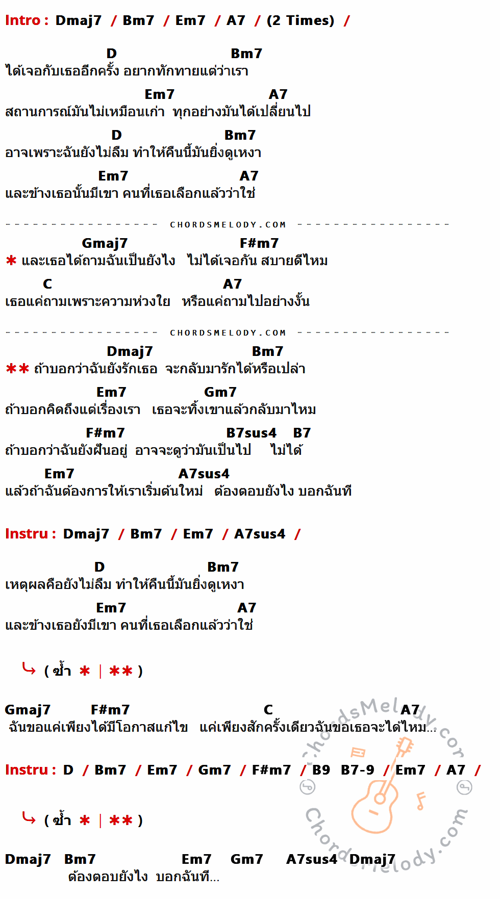คอร์ดเพลง ตอบยังไง - ป๊อบ Calories Blah Blah เนื้อร้อง มีคอร์ดกีต้าร์ ในกลุ่มคีย์ Dmaj7,Bm7,Em7,A7,D,Gmaj7,F#m7,C,Gm7,B7sus4,B7,A7sus4 กำกับ