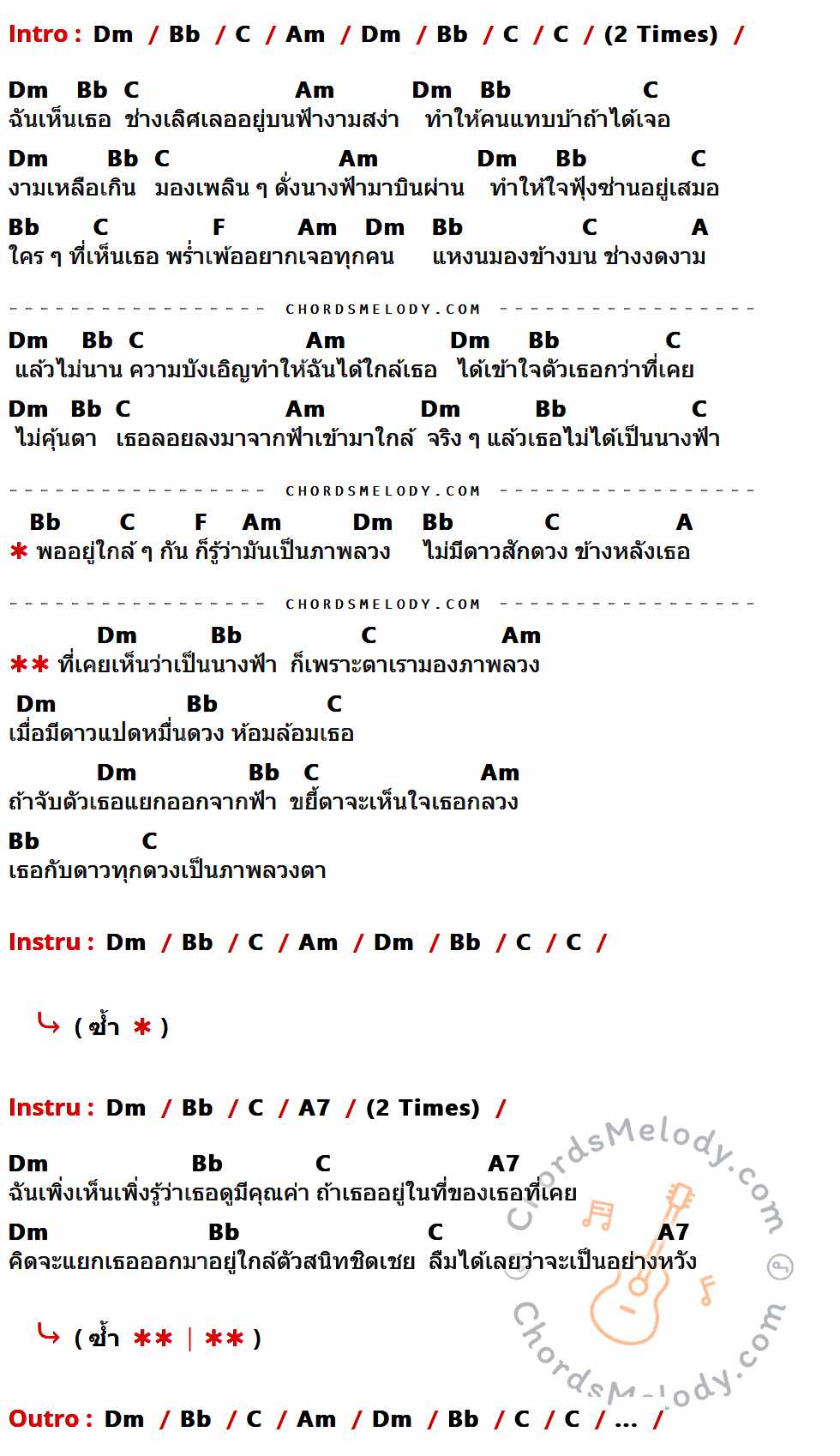 คอร์ดเพลง ไม่ใช่นางฟ้า - ป้าง นครินทร์ กิ่งศักดิ์ เนื้อร้อง มีคอร์ดกีต้าร์ ในกลุ่มคีย์ Dm,Bb,C,Am,F,A,A7 กำกับ