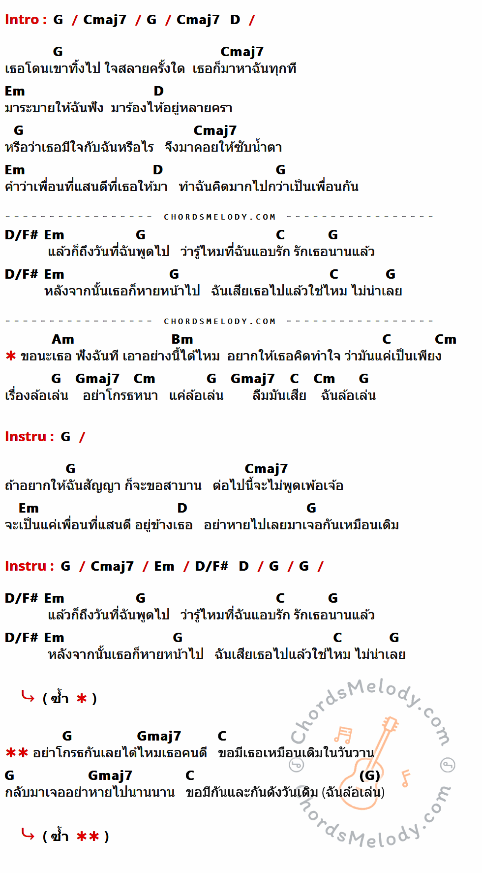 คอร์ดเพลง แค่ล้อเล่น - ป้าง นครินทร์ กิ่งศักดิ์ เนื้อร้อง มีคอร์ดกีต้าร์ ในกลุ่มคีย์ G,Cmaj7,Em,D,D/F#,C,Am,Bm,Cm,Gmaj7 กำกับ