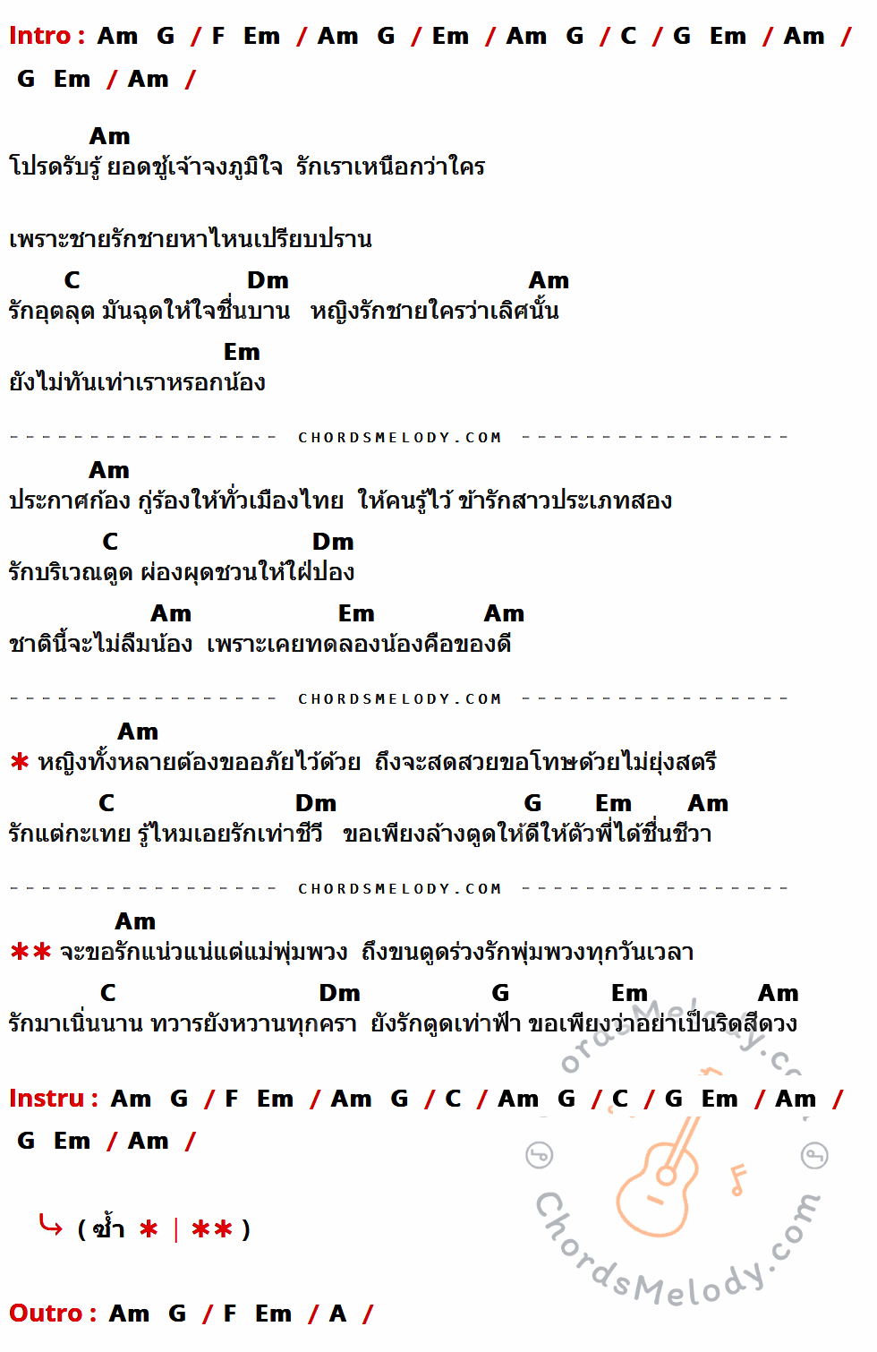 คอร์ดเพลง ไอเลิฟตุ๊ดซี่ - Ost.แหยมยโสธร 3 - สายสิน วงษ์คำเหลา เนื้อร้อง มีคอร์ดกีต้าร์ ในกลุ่มคีย์ Em,C,Am,Dm,G,A กำกับ