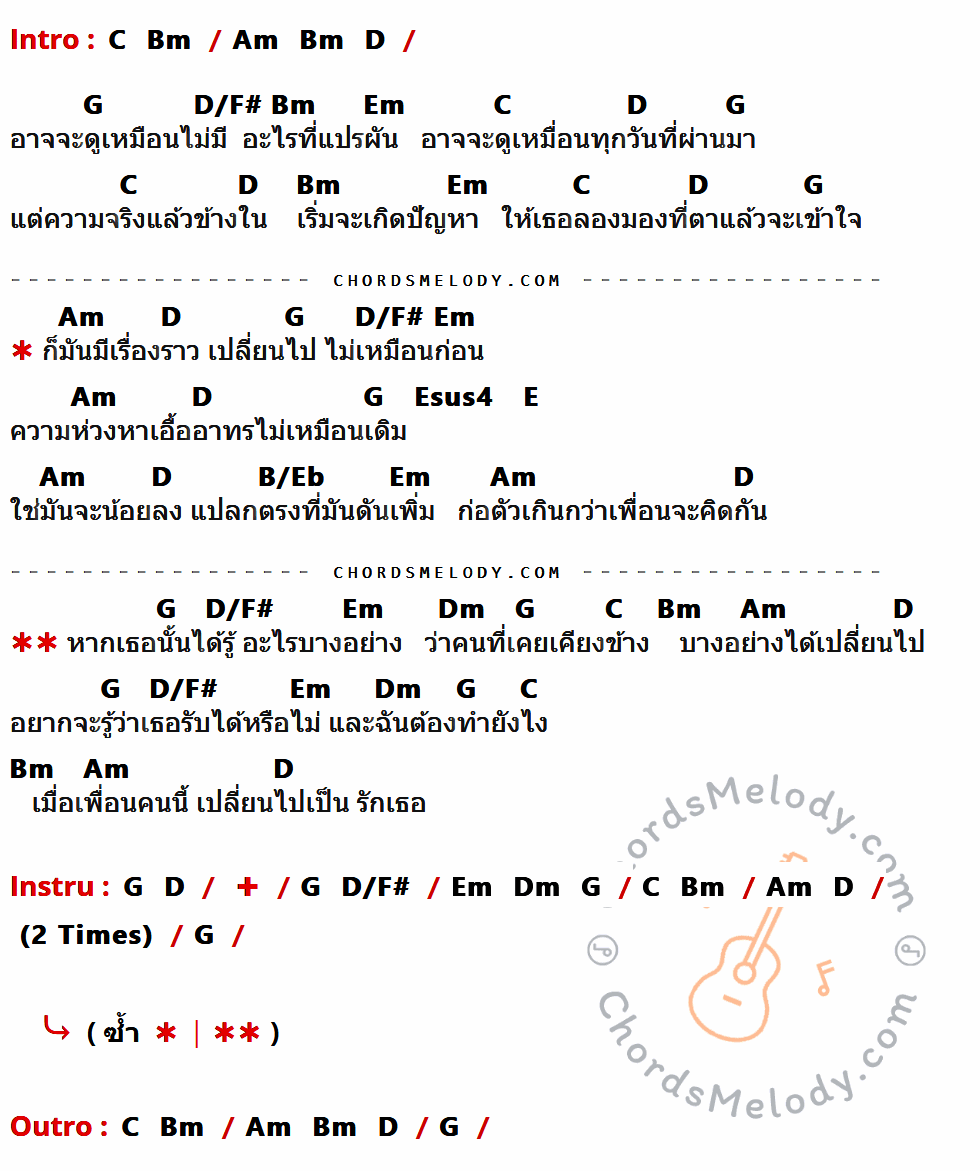 คอร์ดเพลง เพื่อน - พั้นช์ เนื้อร้อง มีคอร์ดกีต้าร์ ในกลุ่มคีย์ G,D/F#,Bm,Em,C,D,Am,Esus4,E,B/Eb,Dm กำกับ