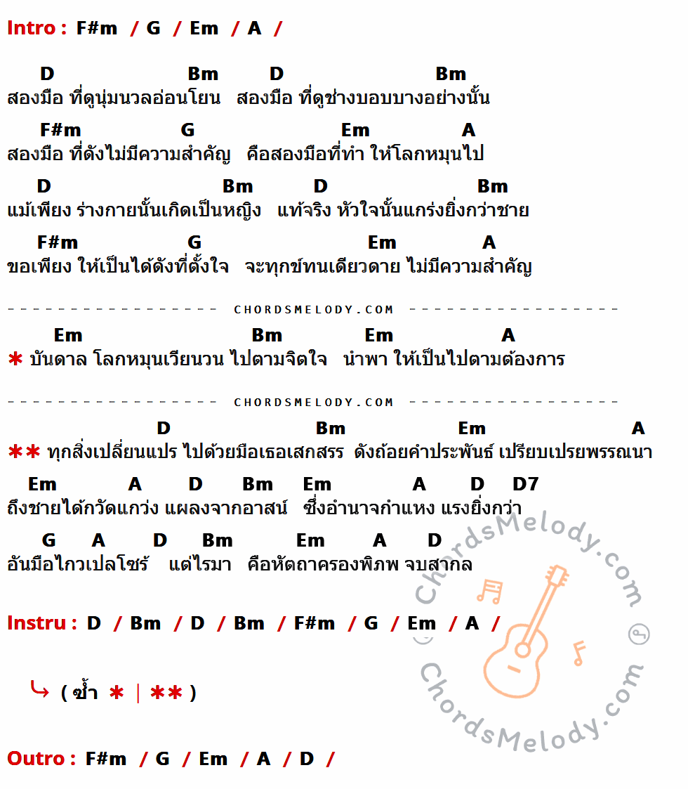 เนื้อเพลง คือหัตถาครองพิภพ ของ ศรัณย่า มีคอร์ดกีต้าร์ ในคีย์ที่ต่างกัน Em,F,Dm,G,C,Am,C7