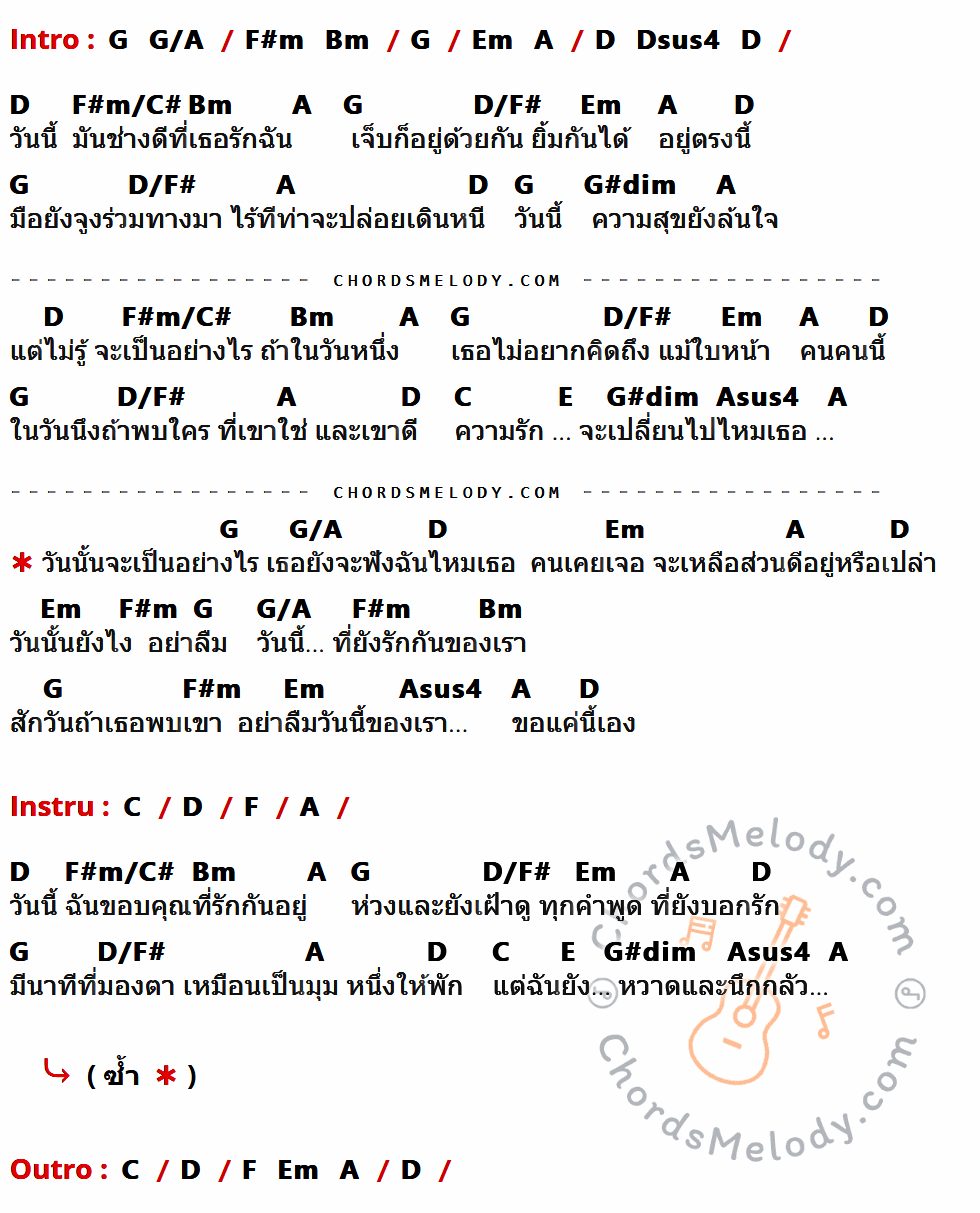 คอร์ดเพลง วันนั้นอย่าลืมวันนี้ - พลพล เนื้อร้อง มีคอร์ดกีต้าร์ ในกลุ่มคีย์ G,G/A,F#m,Bm,Em,A,D,Dsus4,F#m/C#,D/F#,G#dim,C,E,Asus4,F กำกับ