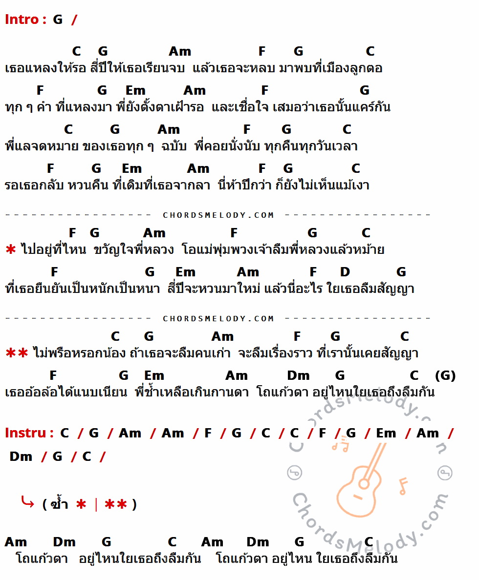 คอร์ดเพลง ขวัญใจพี่หลวง - มอร์แกน อาร์ สยาม เนื้อร้อง มีคอร์ดกีต้าร์ ในกลุ่มคีย์ G,C,Am,F,Em,D,Dm กำกับ