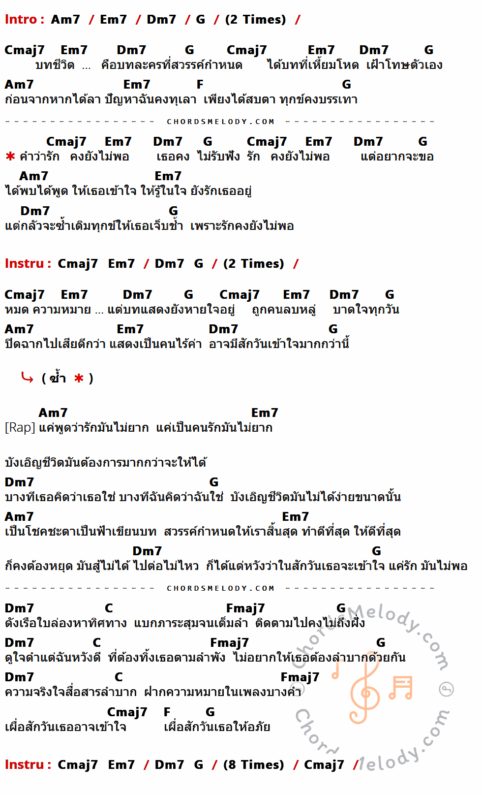 เนื้อเพลง รักคงยังไม่พอ ของ ปาน ธนพร มีคอร์ดกีต้าร์ ในคีย์ที่ต่างกัน Am7,Em7,Dm7,G,Cmaj7,F,C,Fmaj7