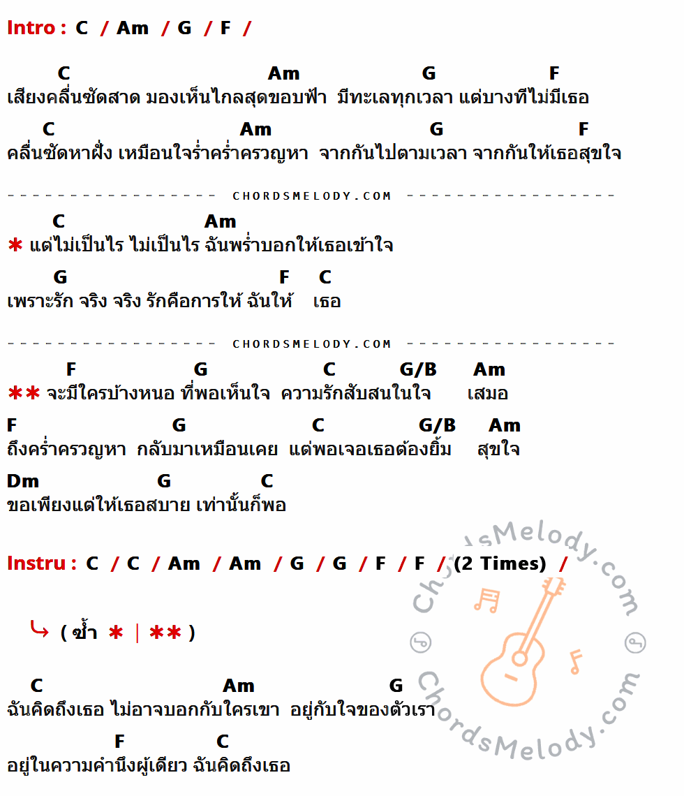 เนื้อเพลง คิดถึง ของ พงษ์สิทธิ์ คัมภีร์ มีคอร์ดกีต้าร์ ในคีย์ที่ต่างกัน G,Em,D,C,D/F#,Am