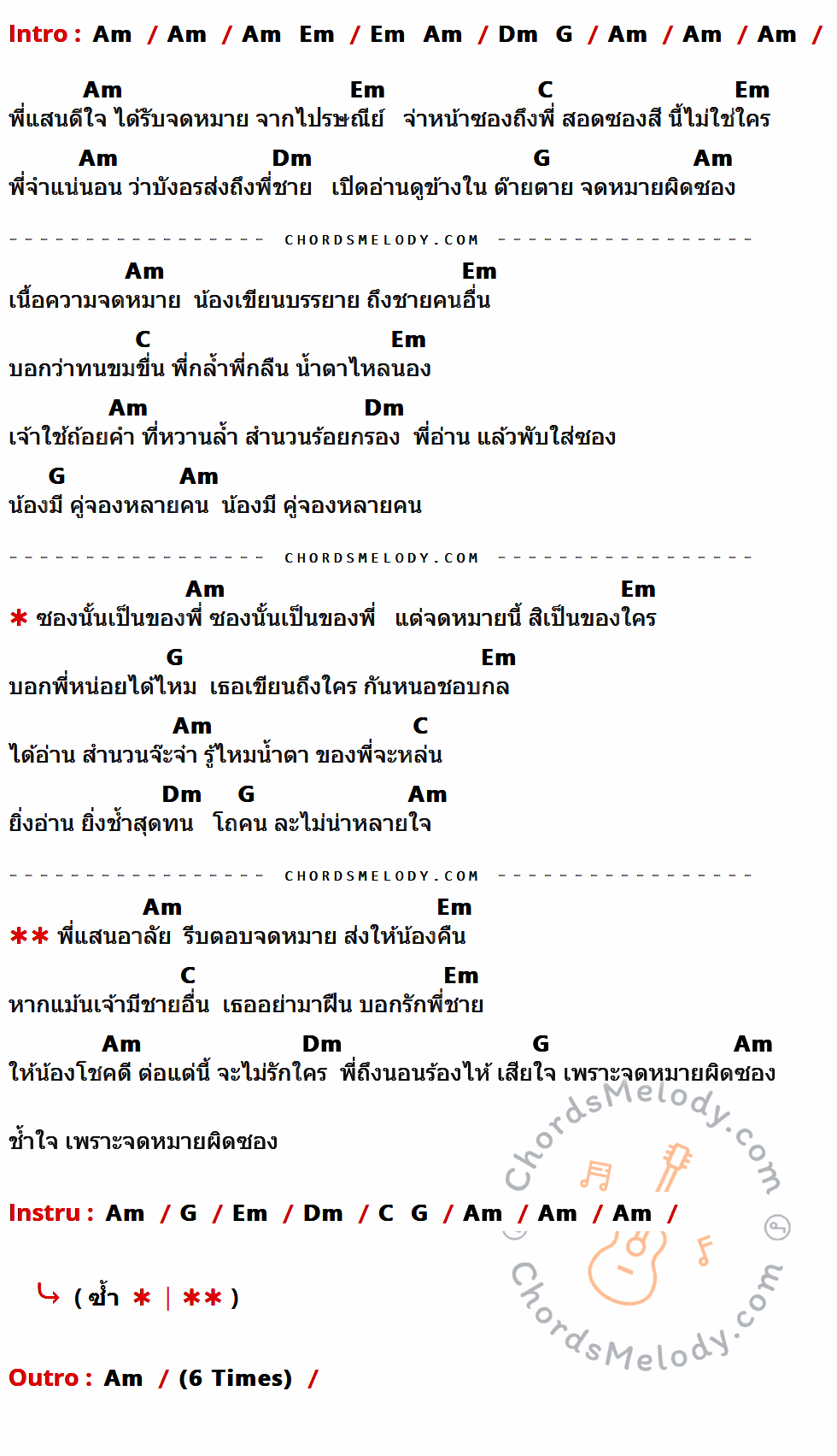 เนื้อเพลง จดหมายผิดซอง ของ มนต์สิทธิ์ คำสร้อย มีคอร์ดกีต้าร์ ในคีย์ที่ต่างกัน Am,Em,C,Dm,G