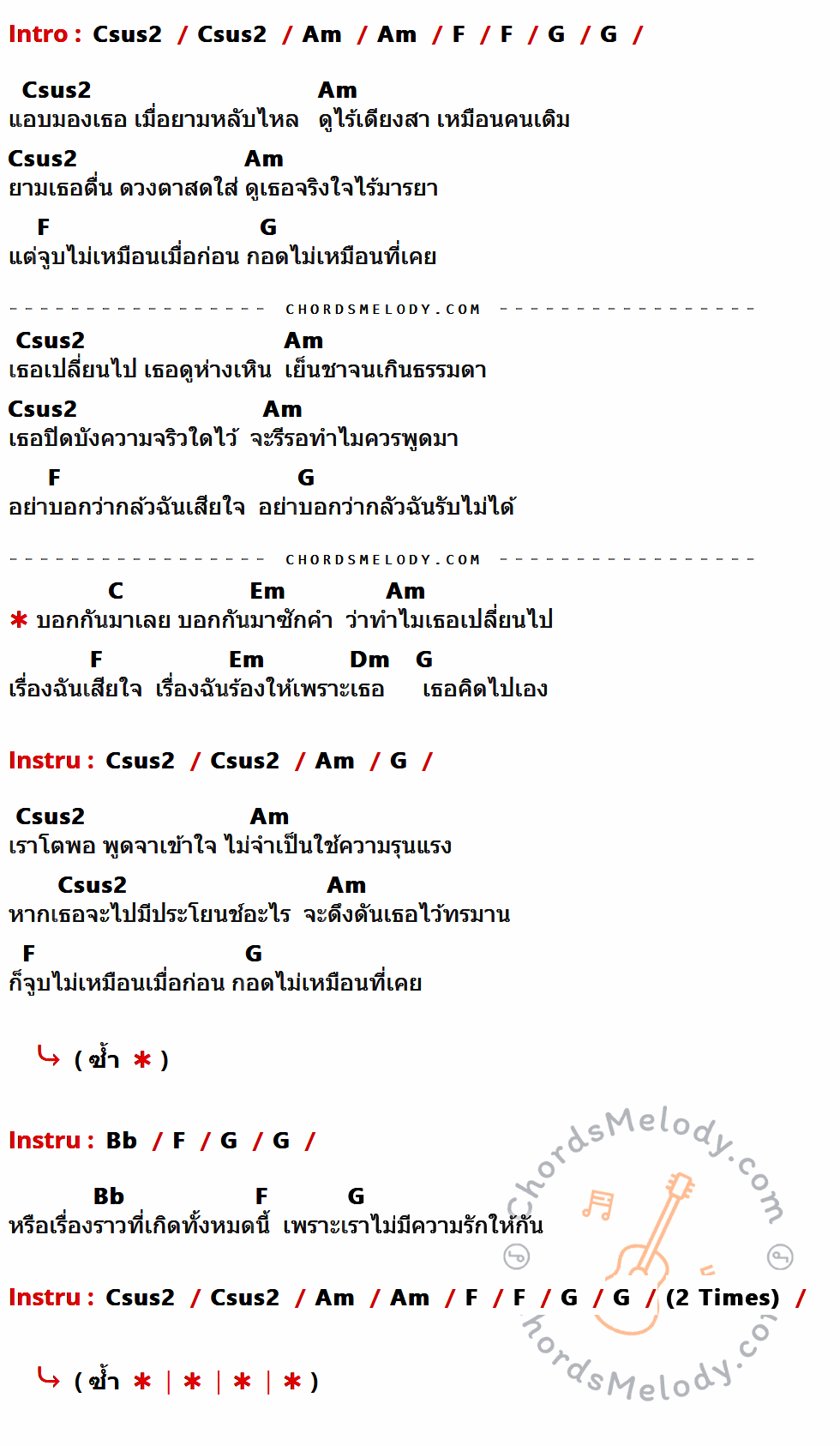 เนื้อเพลง คิดไปเอง ของ หิน เหล็ก ไฟ ที่มีคอร์ด ในกลุ่มคีย์ Csus2,Am,F,G,C,Em,Dm,Bb ประกอบ
