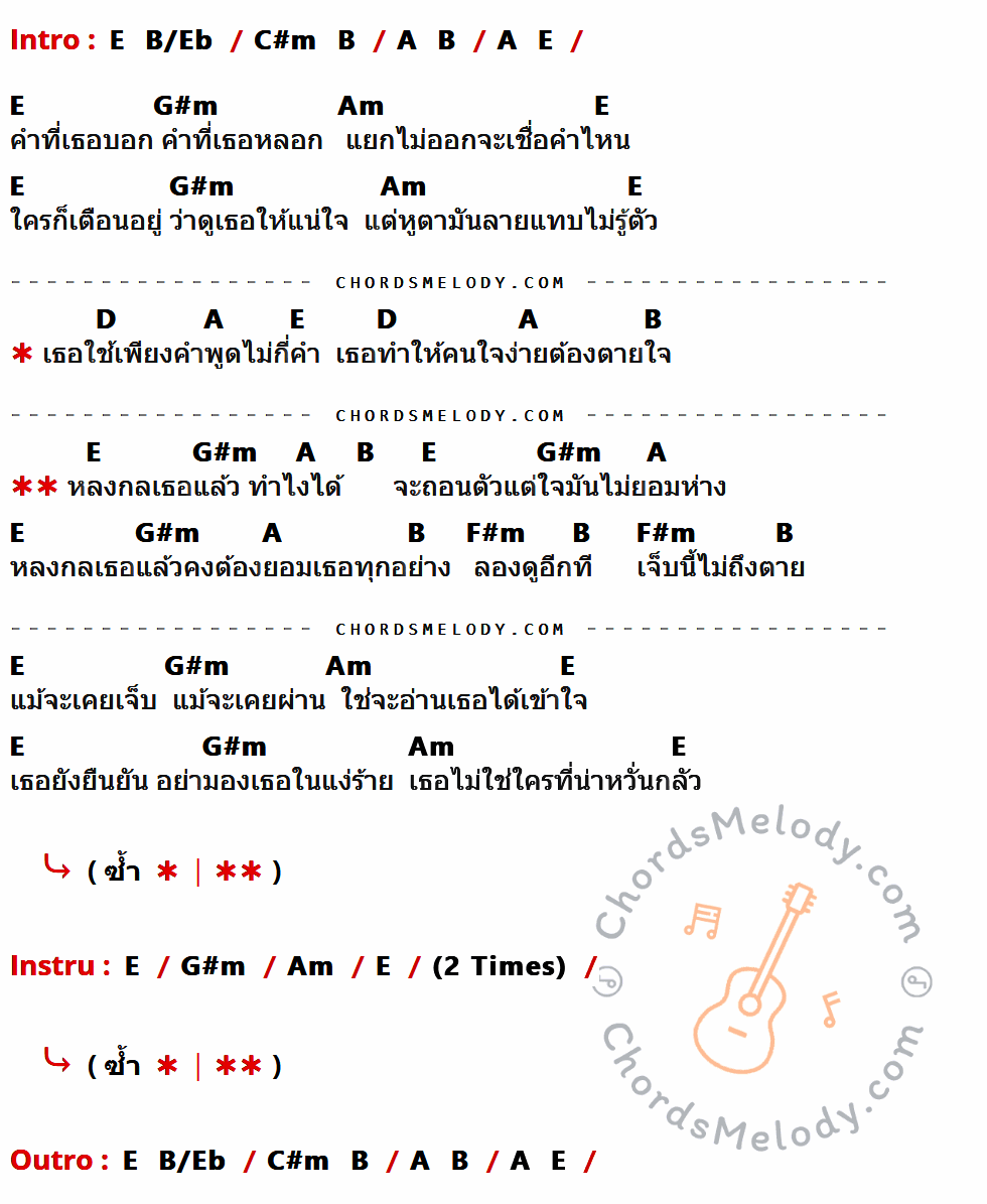 เนื้อเพลง หลงกล ของ หิน เหล็ก ไฟ ที่มีคอร์ดกีต้าร์ E,B/Eb,C#m,B,A,G#m,Am,D,F#m