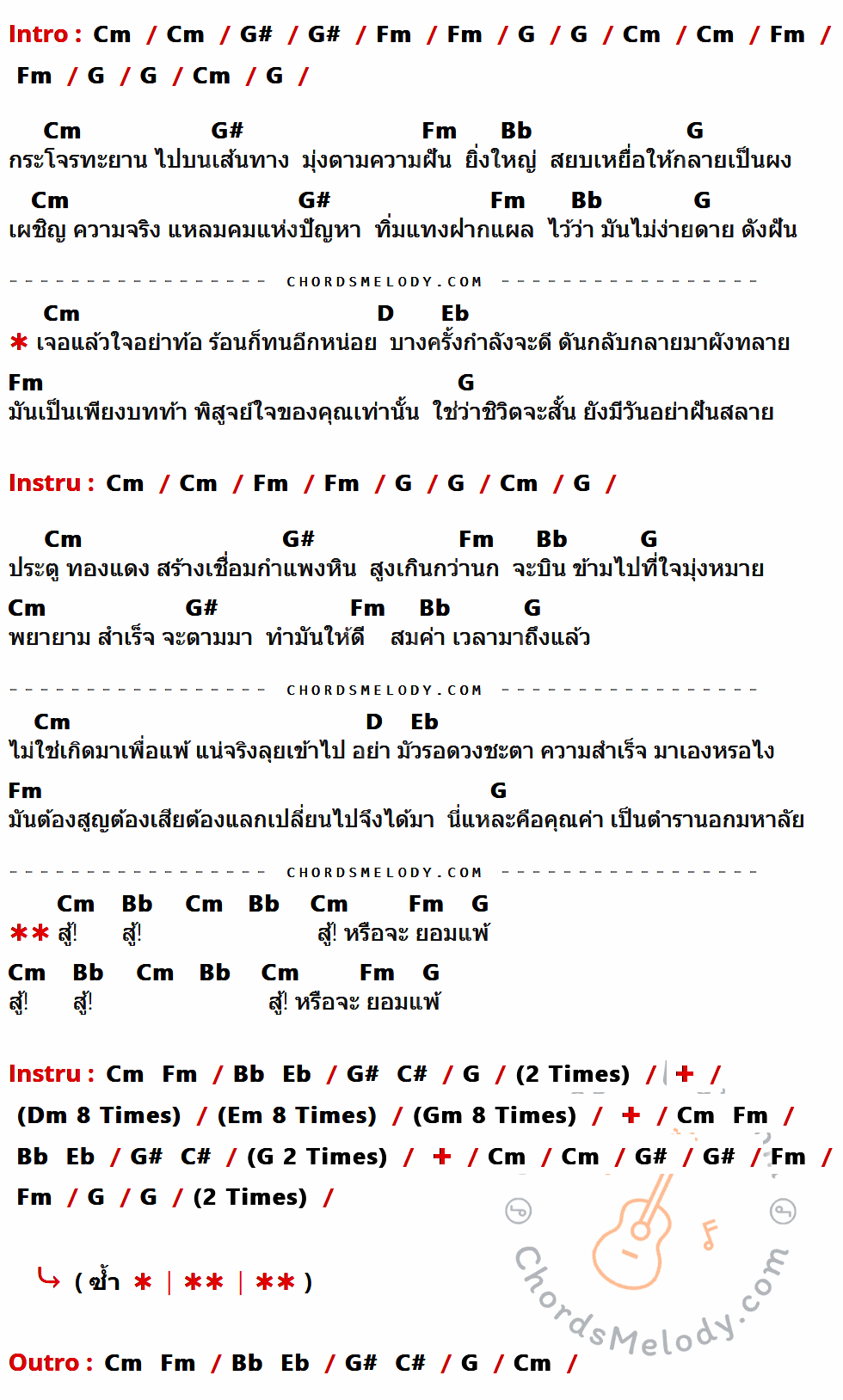 เนื้อเพลง สู้ ของ หิน เหล็ก ไฟ ที่มีคอร์ดกีต้าร์ Cm,G#,Fm,G,Bb,D,Eb,C#,Dm,Em,Gm