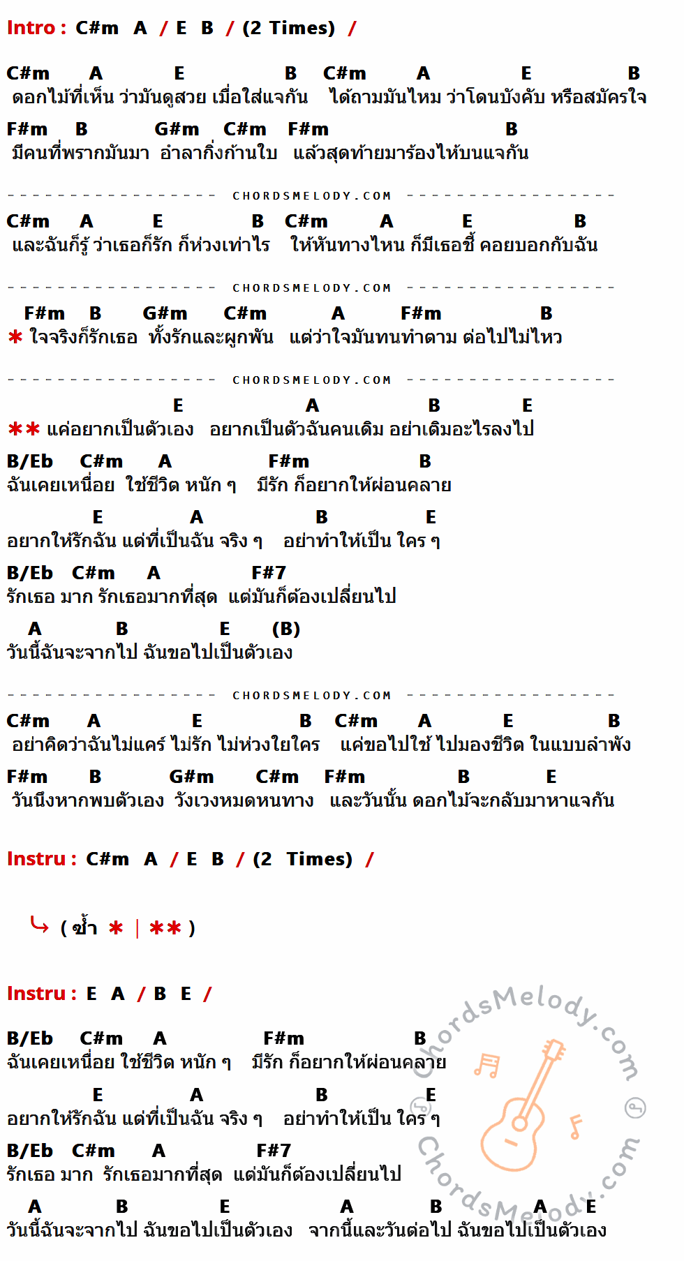 เนื้อเพลง ดอกไม้กับแจกัน ของ ใหม่ เจริญปุระ ที่มีคอร์ดกีต้าร์ C#m,A,E,B,F#m,G#m,B/Eb,F#7