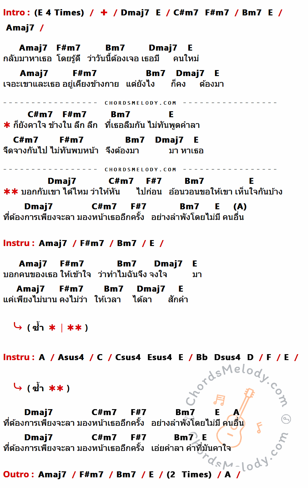 เนื้อเพลง คาใจ ของ โอง ณัชชา ที่มีคอร์ด ในกลุ่มคีย์ E,Dmaj7,C#m7,F#m7,Bm7,Amaj7,F#7,A,Asus4,C,Csus4,Esus4,Bb,Dsus4,D,F ประกอบ