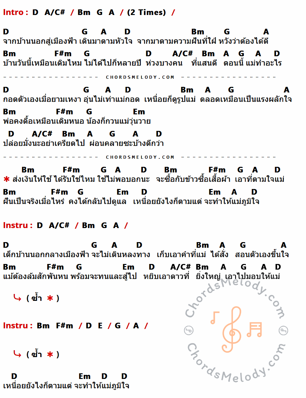 เนื้อเพลง เด็กบ้านนอก ของ ไอน้ำ ที่มีคอร์ดกีต้าร์ D,A/C#,Bm,G,A,F#m,Em,E