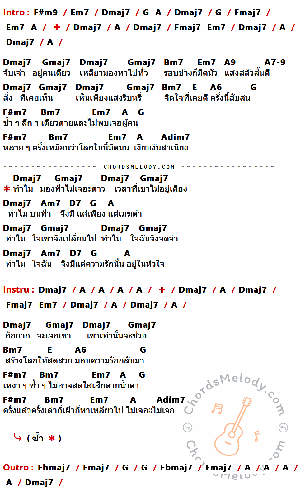 เนื้อเพลง เดียวดาย ของ แอน ธิติมา ที่มีคอร์ด ในกลุ่มคีย์ F#m9,Em7,Dmaj7,G,A,Fmaj7,Gmaj7,Bm7,A9,A7-9,E,A6,F#m7,Adim7,Am7,D7,Ebmaj7 ประกอบ
