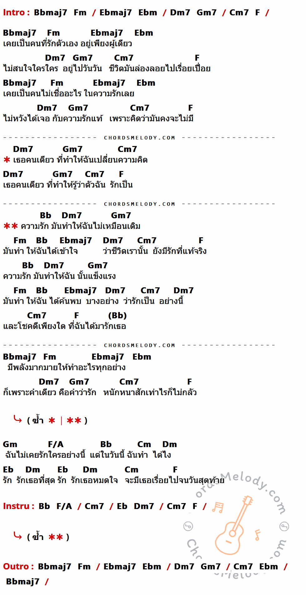 เนื้อเพลง ความรักเปลี่ยนแปลงฉัน ของ หนึ่ง ณรงค์วิทย์ ที่มีคอร์ด ในกลุ่มคีย์ Bbmaj7,Fm,Ebmaj7,Ebm,Dm7,Gm7,Cm7,F,Bb,Gm,F/A,Cm,Dm,Eb ประกอบ