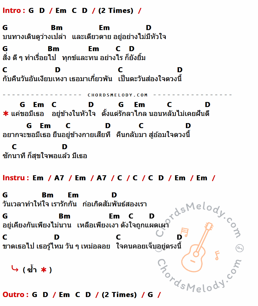 เนื้อเพลง แค่ขอมีเธอ ของ ออย ธนพัฒน์ ที่มีคอร์ด ในกลุ่มคีย์ G,D,Em,C,Bm,A7 ประกอบ