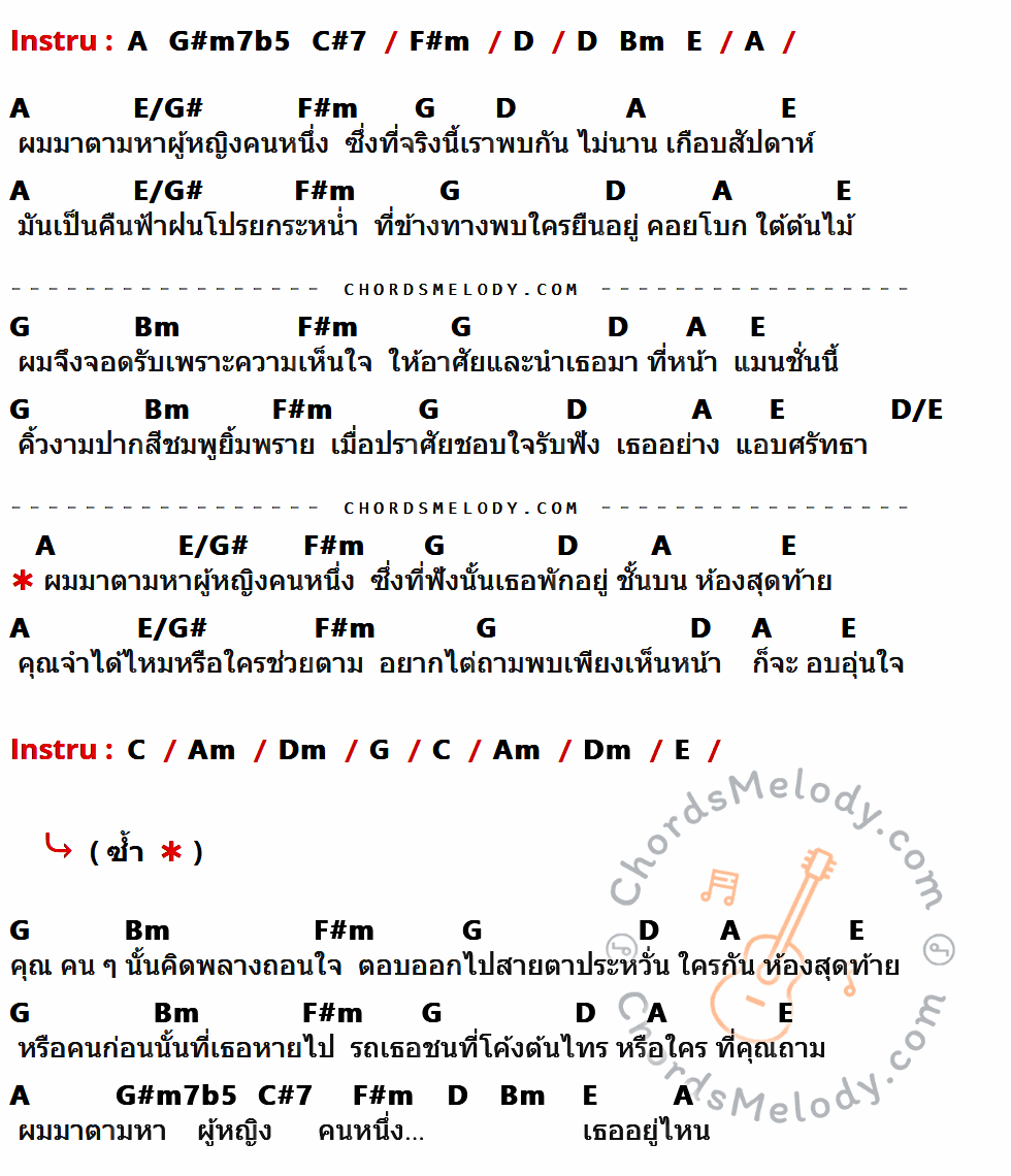 เนื้อเพลง ห้องสุดท้าย ของ เอ้ รงค์ สุภารัตน์ ที่มีคอร์ด ในกลุ่มคีย์ A,G#m7b5,C#7,F#m,D,Bm,E,E/G#,G,D/E,C,Am,Dm ประกอบ