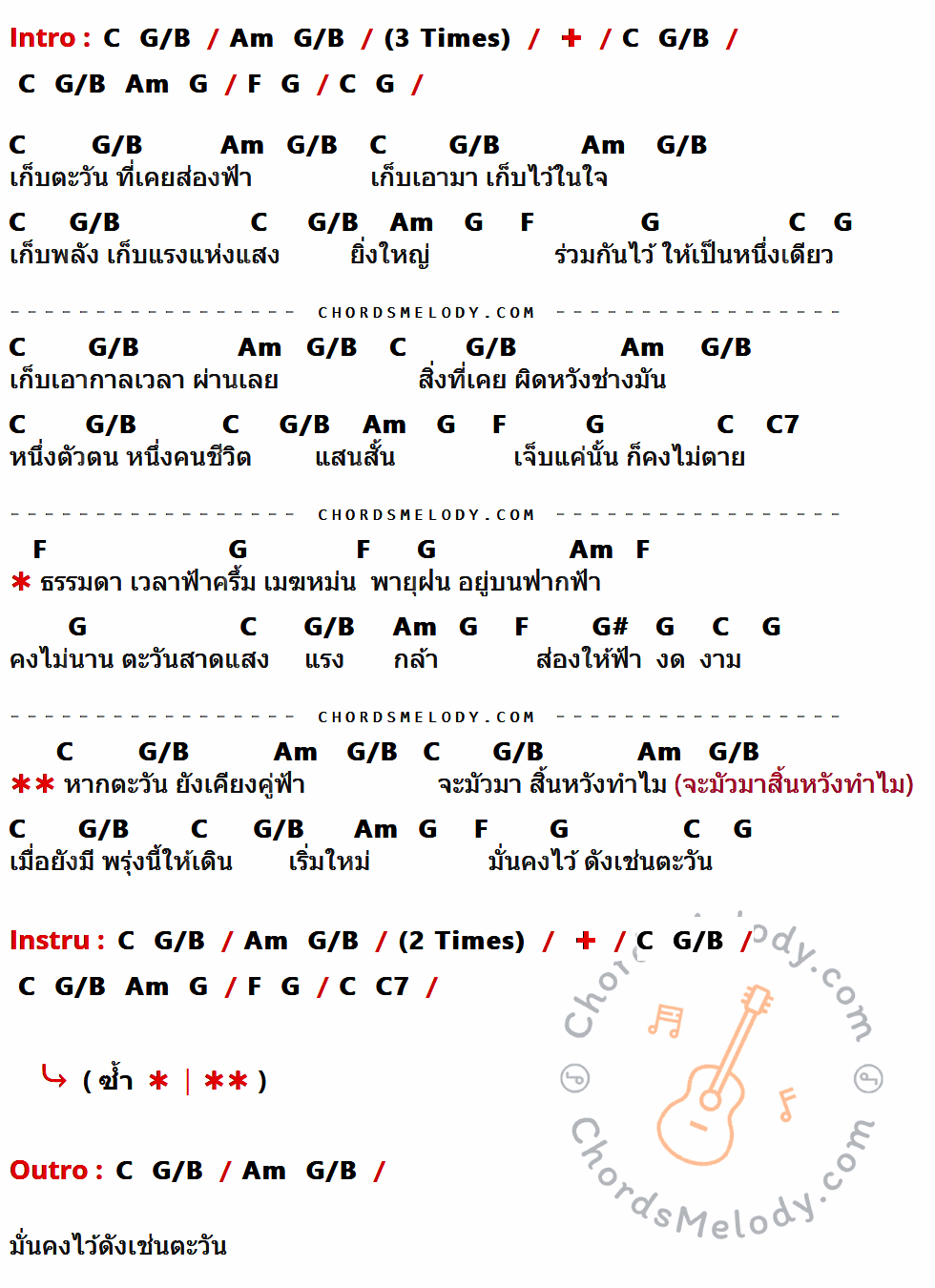 เนื้อเพลง เก็บตะวัน ของ อิทธิ พลางกูล ที่มีคอร์ดกีต้าร์ C,G/B,Am,G,F,C7,G#