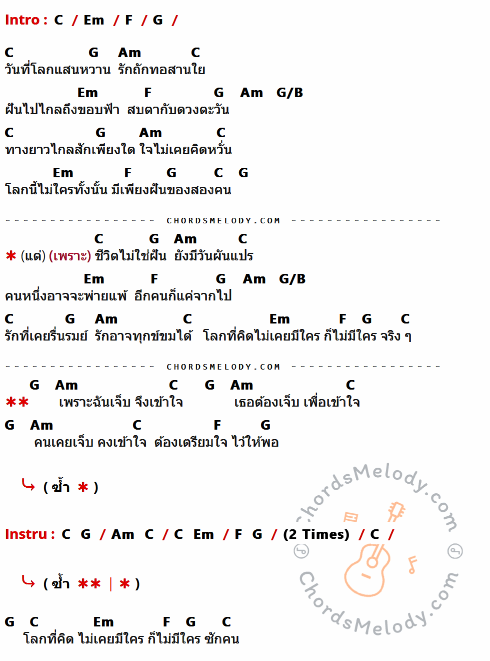 เนื้อเพลง เจ็บเพื่อเข้าใจ ของ แอ็ด คาราบาว ที่มีคอร์ด ในกลุ่มคีย์ C,Em,F,G,Am,G/B ประกอบ