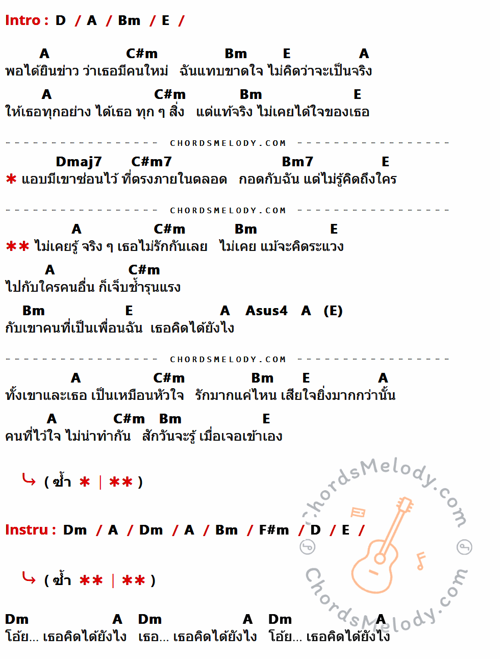 เนื้อเพลง คิดได้ยังไง ของ เสก Loso ที่มีคอร์ด ในกลุ่มคีย์ D,A,Bm,E,C#m,Dmaj7,C#m7,Bm7,Asus4,Dm,F#m ประกอบ
