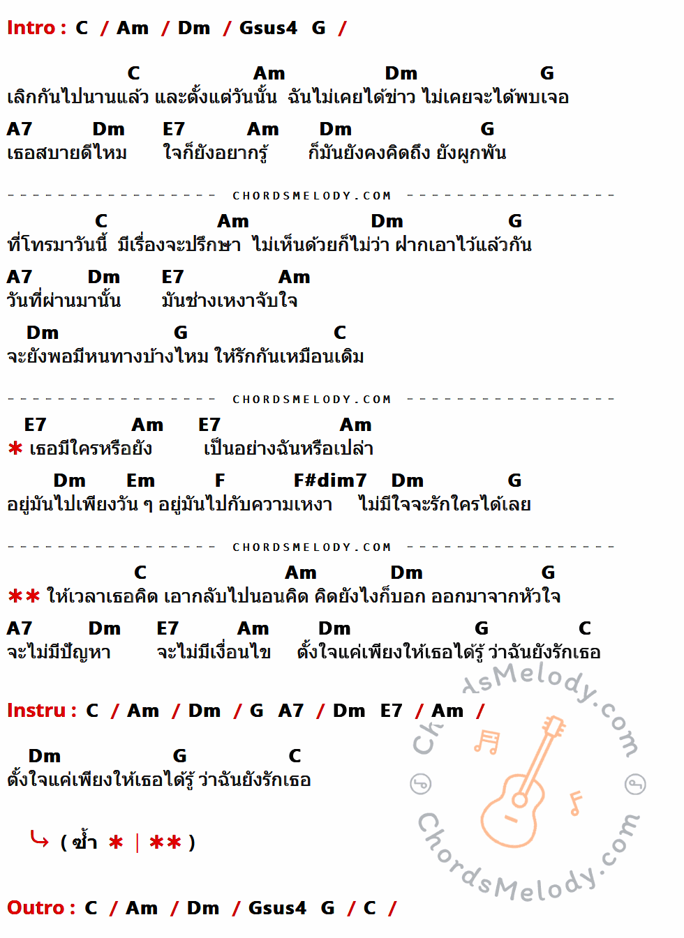 เนื้อเพลง ยังรักเธอ ของ โหน่ง พิมลักษณ์ ที่มีคอร์ด ในกลุ่มคีย์ C,Am,Dm,Gsus4,G,A7,E7,Em,F,F#dim7 ประกอบ