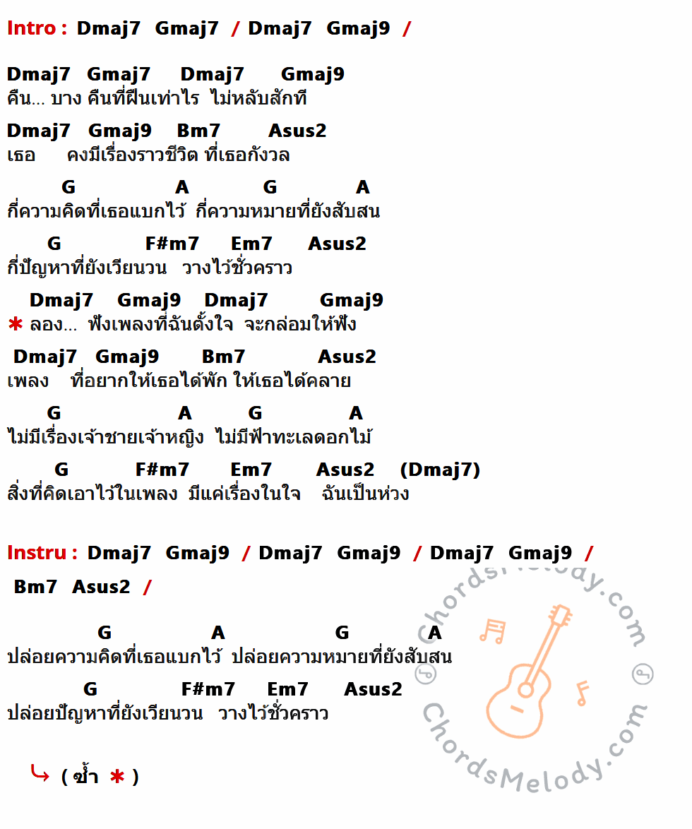 คอร์ดเพลง คืนบางคืน เพลงบางเพลง - แหลม พล สมพล 25 Hours เนื้อร้อง มีคอร์ดกีต้าร์ ในกลุ่มคีย์ Dmaj7,Gmaj7,Gmaj9,Bm7,Asus2,G,A,F#m7,Em7 กำกับ