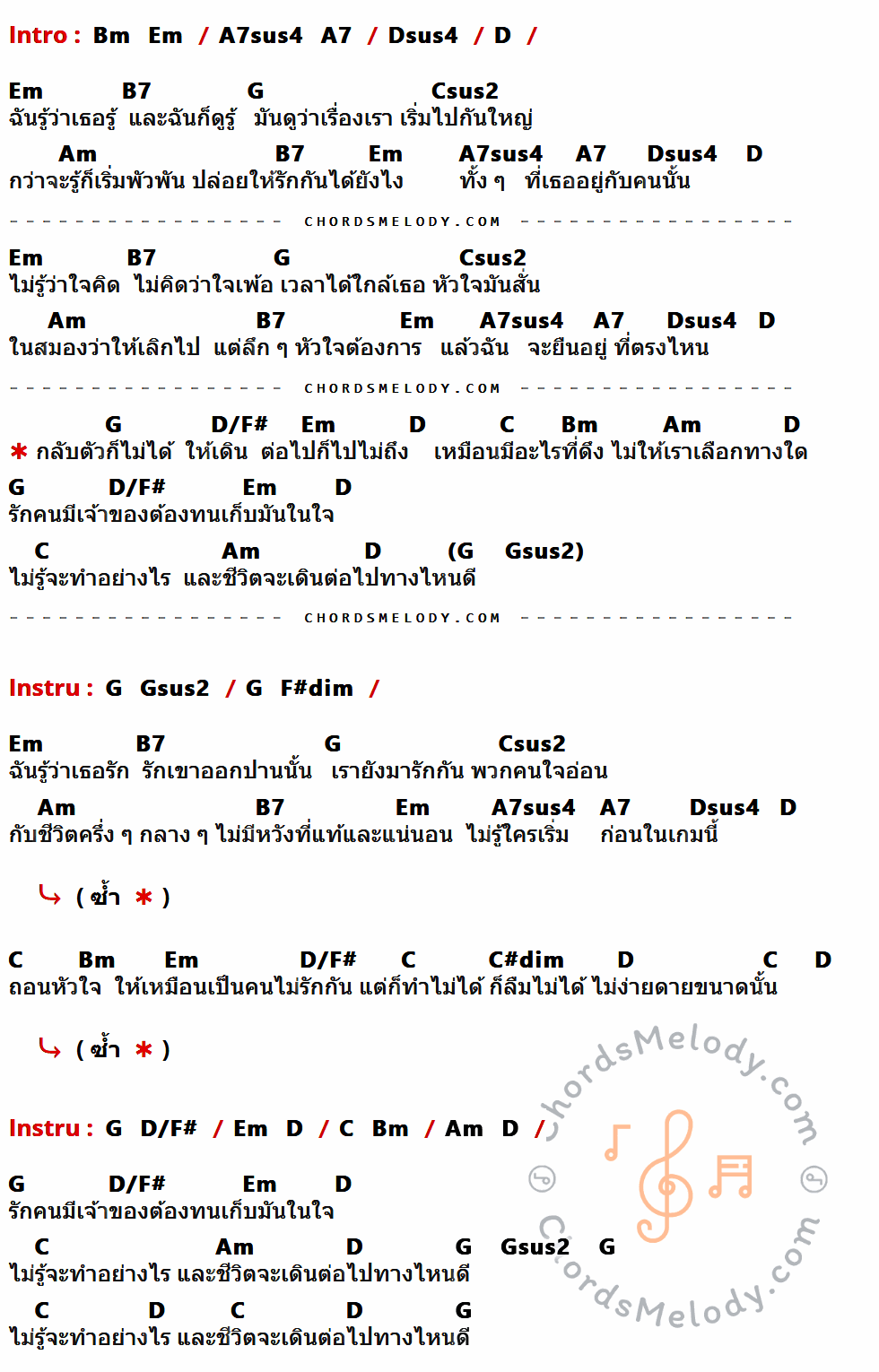 คอร์ดเพลง กลับไม่ได้ไปไม่ถึง - เอ็ม อรรถพล เนื้อร้อง มีคอร์ดกีต้าร์ ในกลุ่มคีย์ Dsus4,D,Em,B7,G,Csus2,Am,A7sus4,A7,D/F#,C,Bm,C#dim,Gsus2 กำกับ