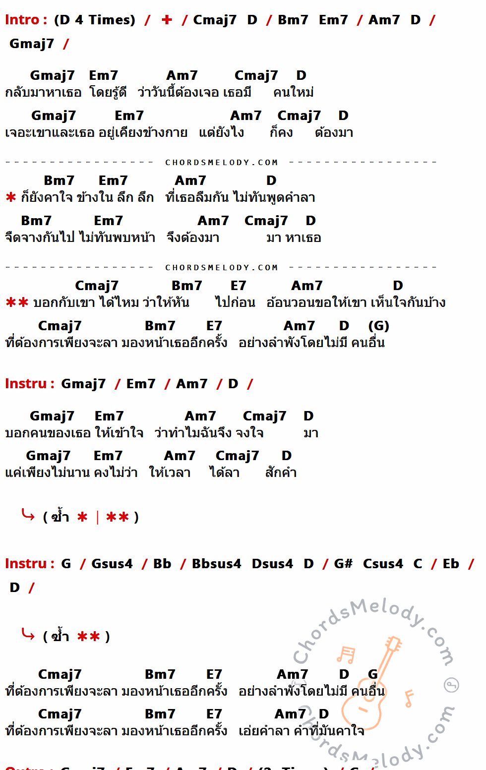 คอร์ดเพลง คาใจ - โอง ณัชชา เนื้อร้อง มีคอร์ดกีต้าร์ ในกลุ่มคีย์ Gmaj7,Em7,Am7,Cmaj7,D,Bm7,E7,G,Gsus4,Bb,Eb กำกับ