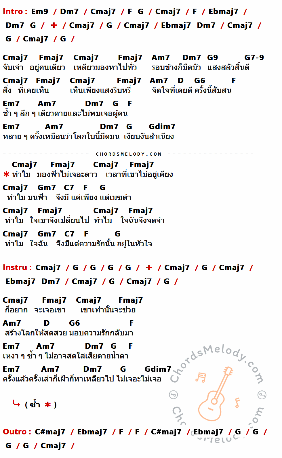 คอร์ดเพลง เดียวดาย - แอน ธิติมา เนื้อร้อง มีคอร์ดกีต้าร์ ในกลุ่มคีย์ Em9,Dm7,Cmaj7,F,Ebmaj7,G,Fmaj7,Am7,G9,G7-9,D,G6,Em7,Gdim7,Gm7,C7,C#maj7 กำกับ