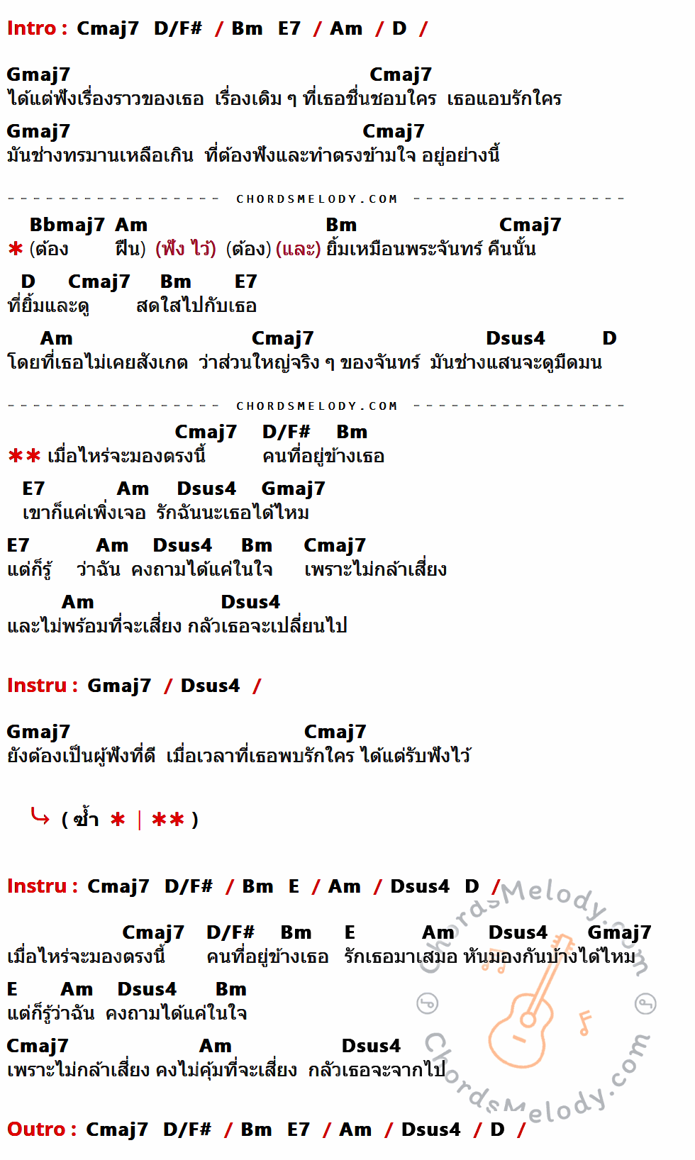 คอร์ดเพลง พระจันทร์ยิ้ม - เอก สุระเชษฐ์ เนื้อร้อง มีคอร์ดกีต้าร์ ในกลุ่มคีย์ Am,D,Gmaj7,Cmaj7,Bbmaj7,Bm,E7,Dsus4,D/F#,E กำกับ