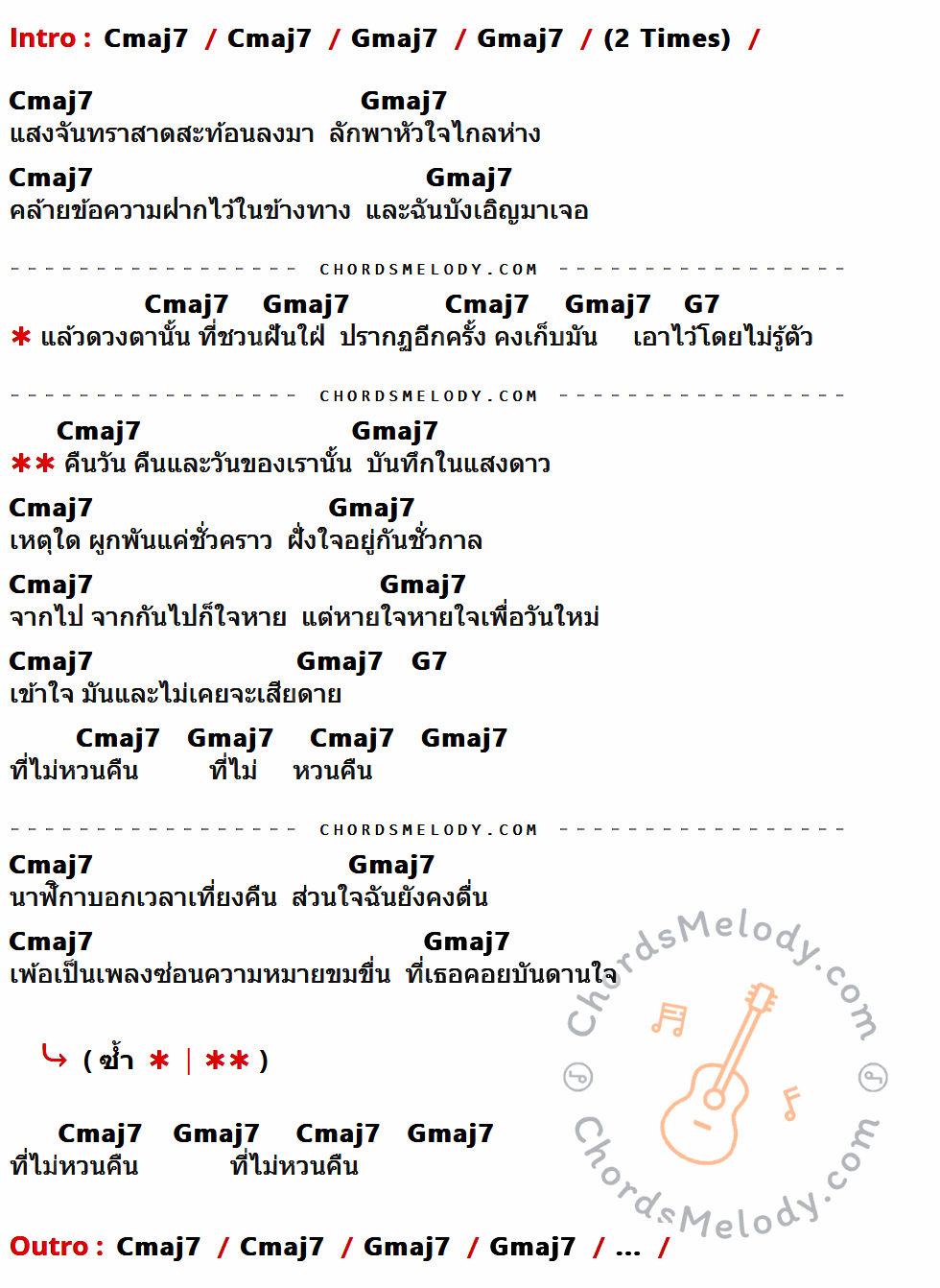 เนื้อเพลง ดวงตานั้น ของ อภิรมย์ มีคอร์ดกีต้าร์ ในคีย์ที่ต่างกัน Cmaj7,Gmaj7,G7