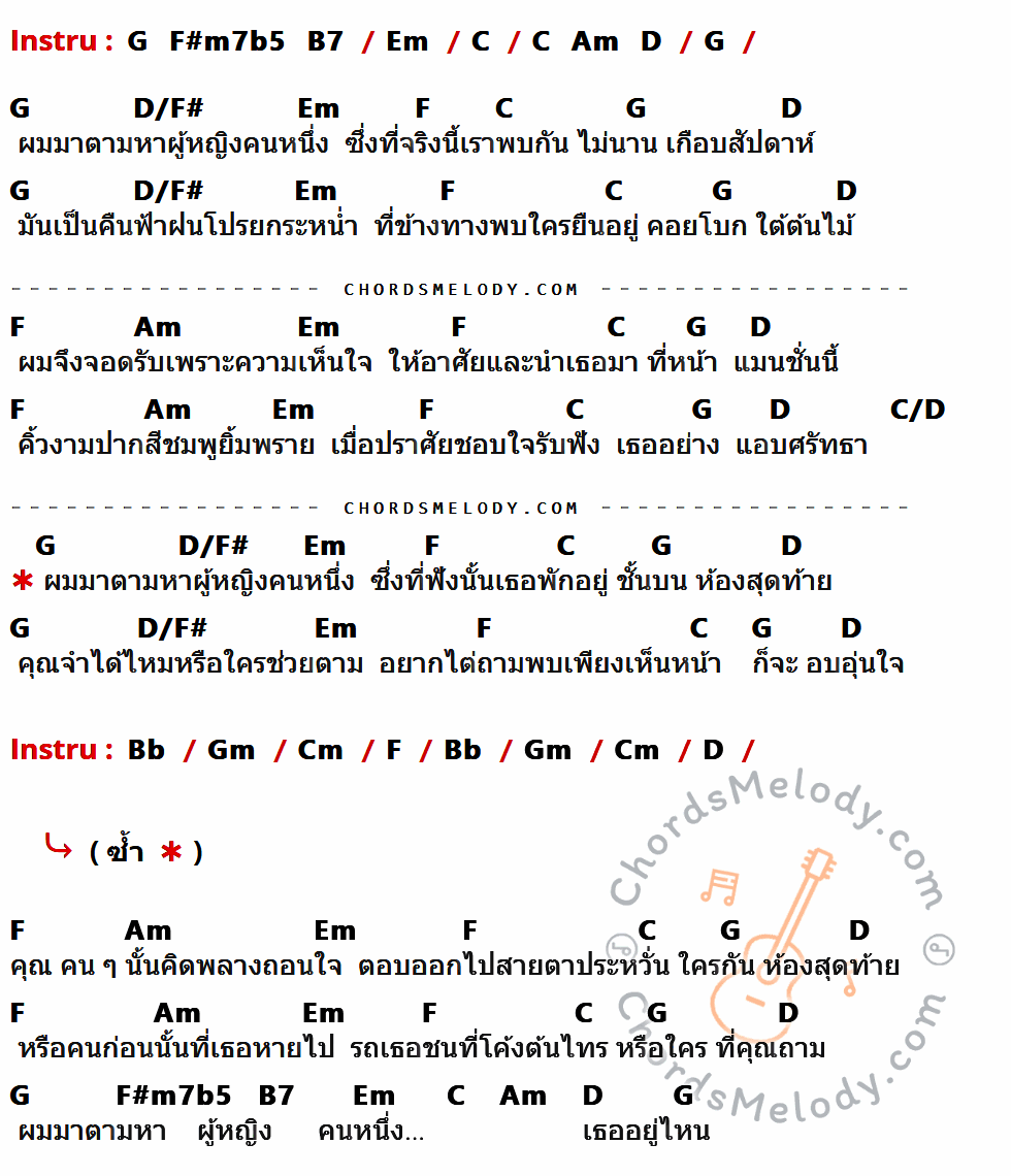 เนื้อเพลง ห้องสุดท้าย ของ เอ้ รงค์ สุภารัตน์ มีคอร์ดกีต้าร์ ในคีย์ที่ต่างกัน C,Bm7b5,E7,Am,F,Dm,G,G/B,Bb,F/G,Eb,Cm,Fm