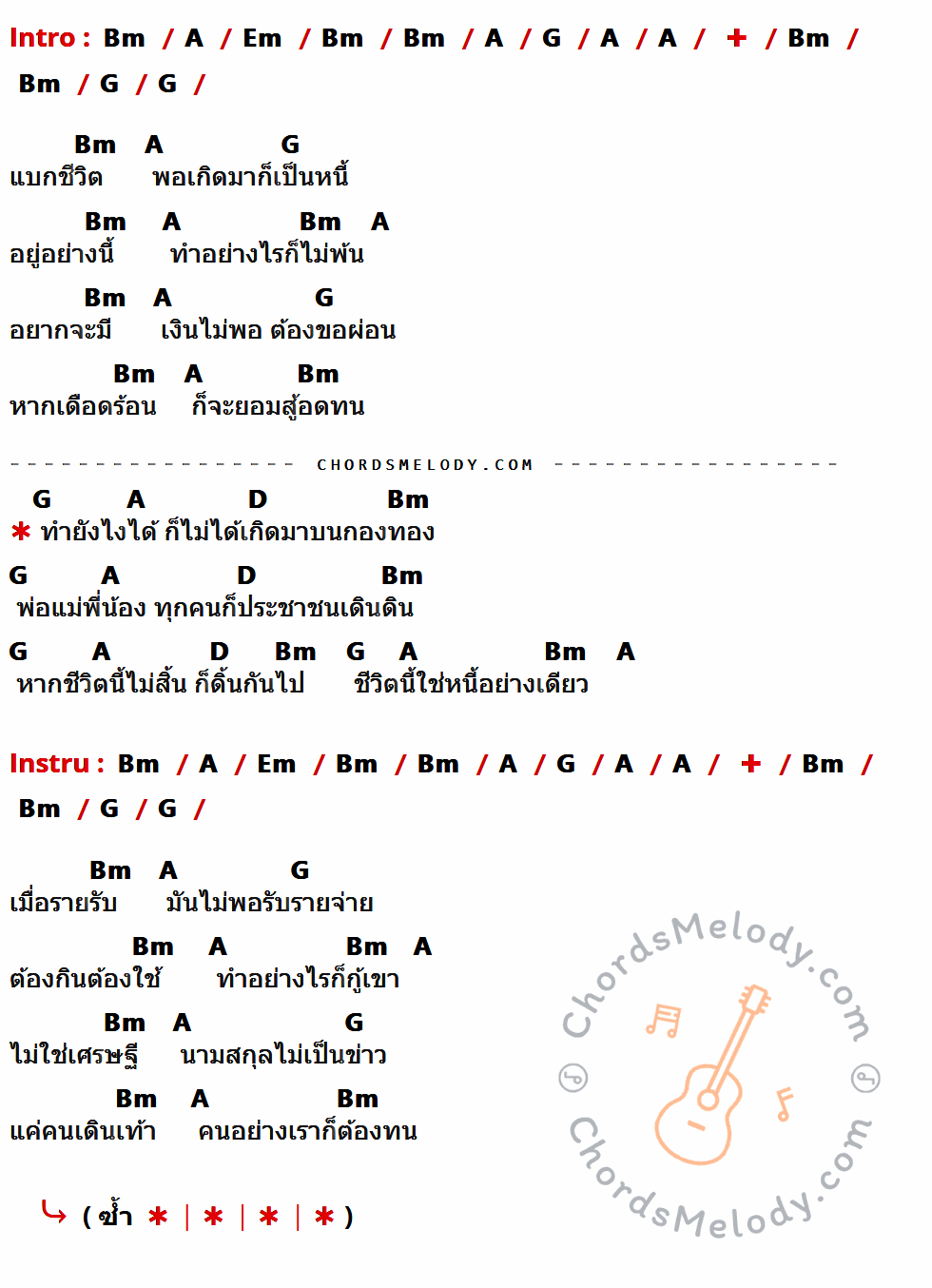 คอร์ดเพลง ชีวิตหนี้ - เสือ ธนพล เนื้อร้อง มีคอร์ดกีต้าร์ ในกลุ่มคีย์ Bm,A,Em,G,D กำกับ