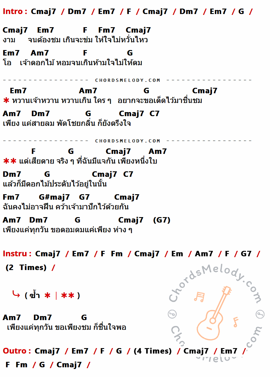 เนื้อเพลง แจกัน ของ สุเมธ & เดอะปั๋ง มีคอร์ดกีต้าร์ ในคีย์ที่ต่างกัน Cmaj7,Dm7,Em7,F,G,Fm7,Am7,C7,G#maj7,G7,Em