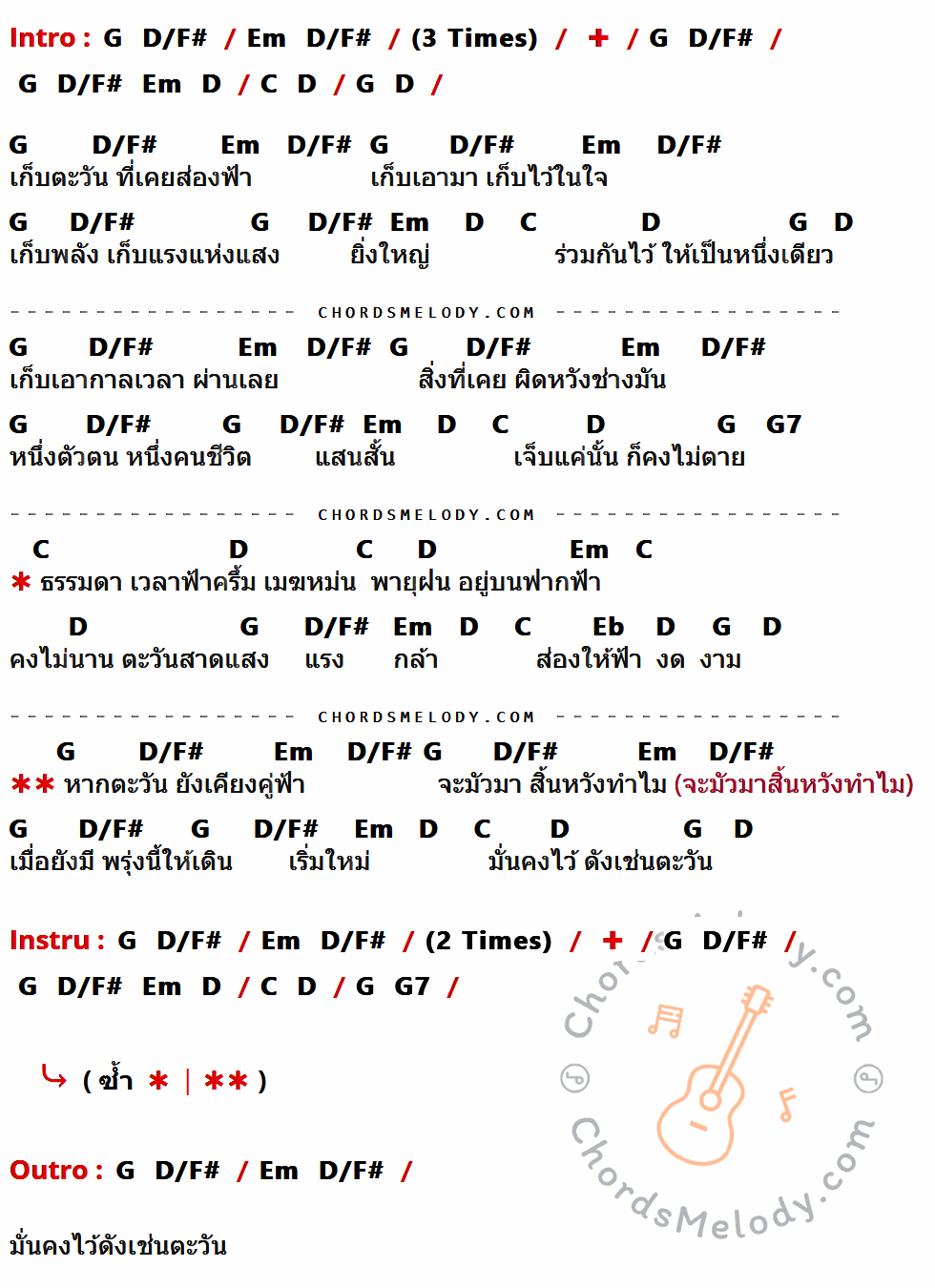 คอร์ดเพลง เก็บตะวัน - อิทธิ พลางกูล เนื้อร้อง มีคอร์ดกีต้าร์ ในกลุ่มคีย์ G,D/F#,Em,D,C,G7,Eb กำกับ