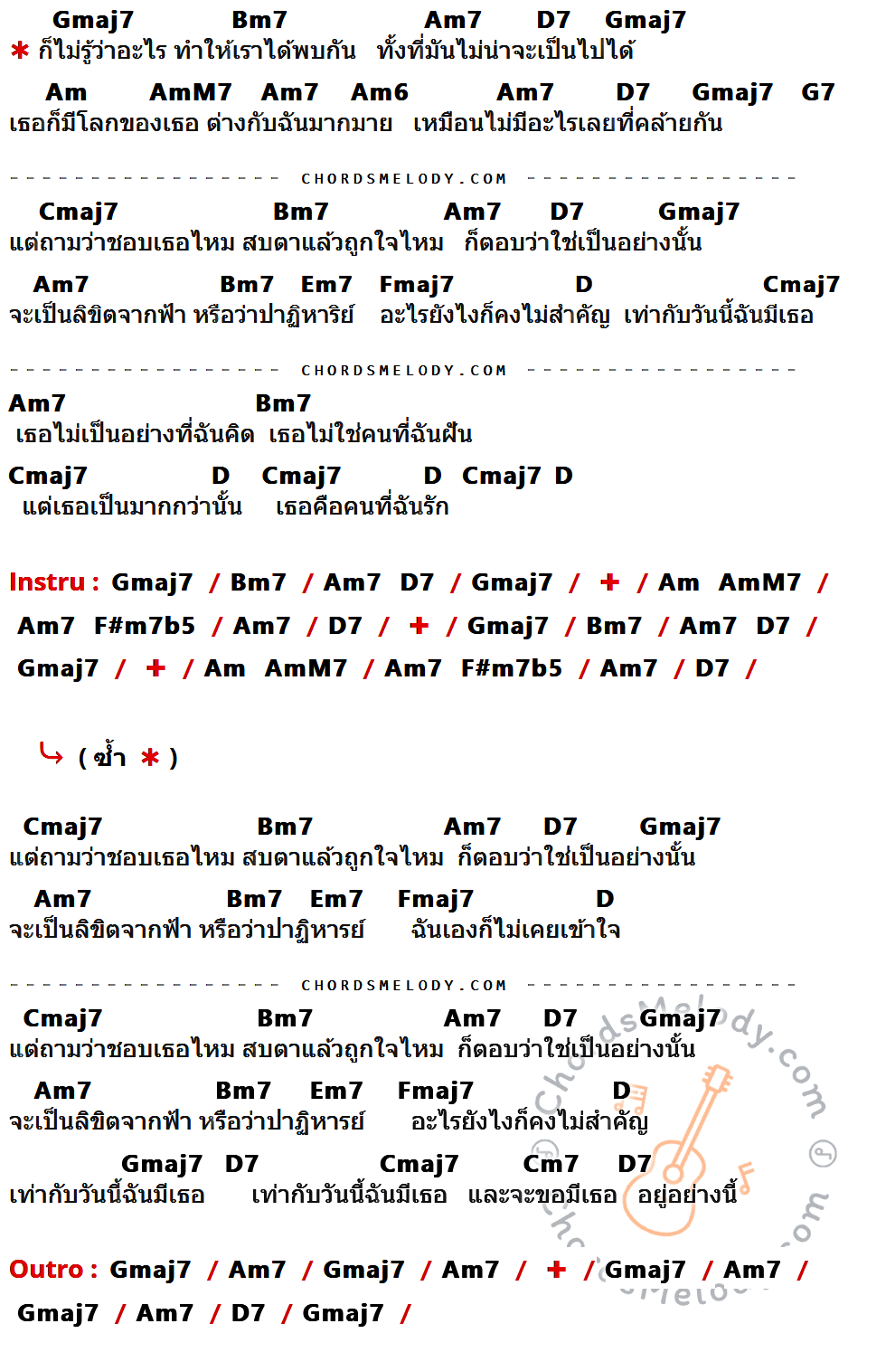 เนื้อเพลง วันนี้ฉันมีเธอ ของ สุเมธ & เดอะปั๋ง มีคอร์ดกีต้าร์ ในคีย์ที่ต่างกัน Gmaj7,Bm7,Am7,D7,Am,AmM7,Am6,G7,Cmaj7,Em7,Fmaj7,D,Cm7