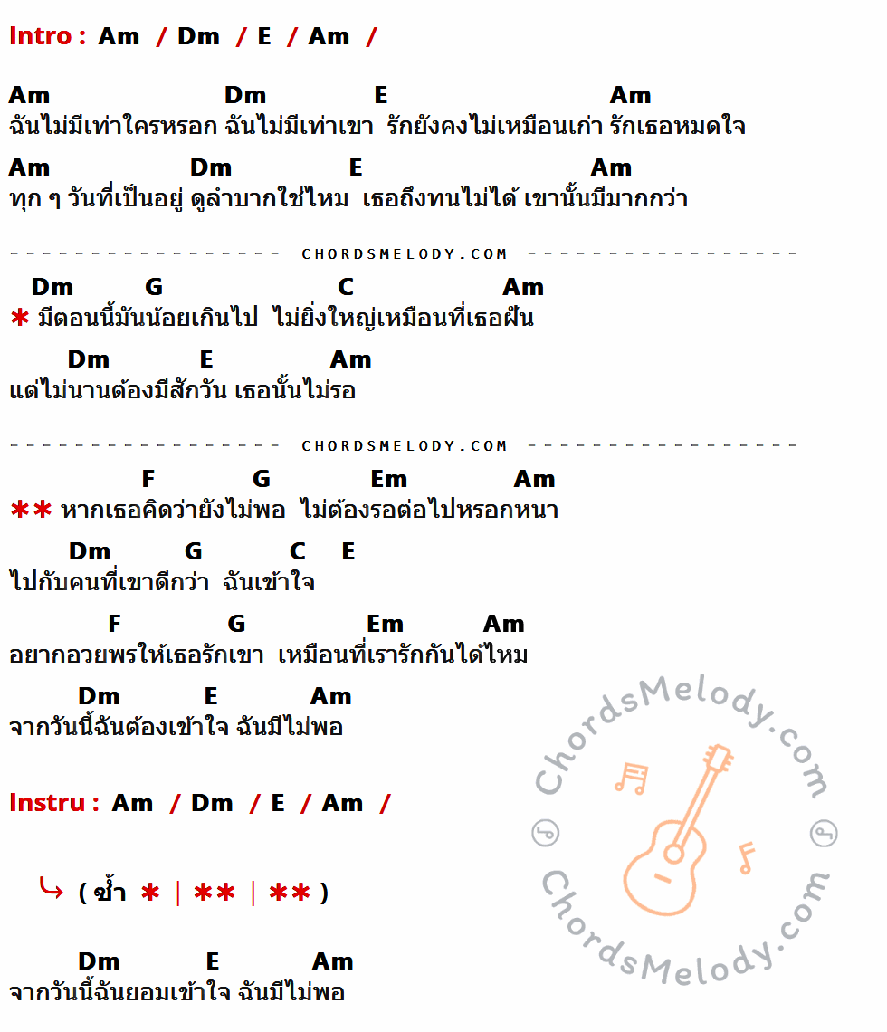 เนื้อเพลง ยังไม่พอ ของ เสก Loso มีคอร์ดกีต้าร์ ในคีย์ที่ต่างกัน Am,Dm,E,G,C,F,Em