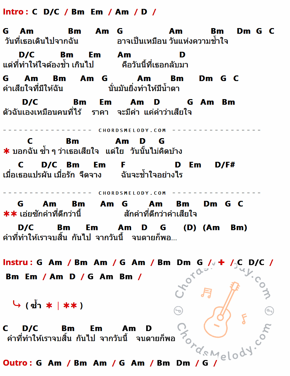 เนื้อเพลง แค่เสียใจไม่พอ ของ แอม เสาวลักษณ์ มีคอร์ดกีต้าร์ ในคีย์ที่ต่างกัน Am,D,G,Bm,Dm,C,D/C,Em,F,D/F#