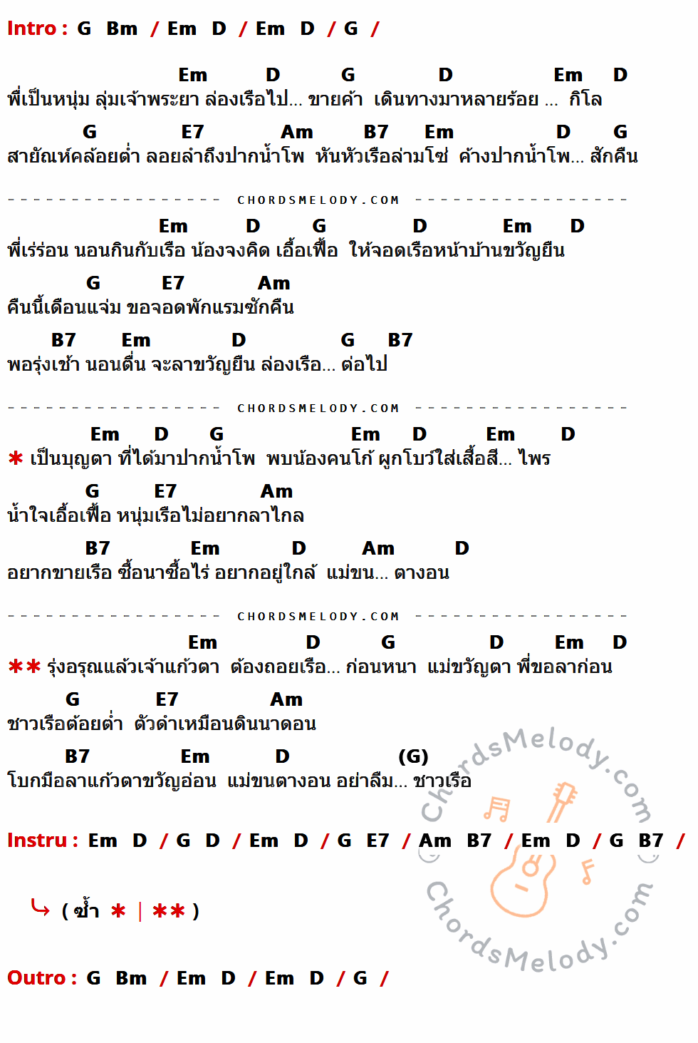 เนื้อเพลง พบรักที่ปากน้ำโพ ของ หนู มิเตอร์ มีคอร์ดกีต้าร์ ในคีย์ที่ต่างกัน G,Bm,Em,D,E7,Am,B7